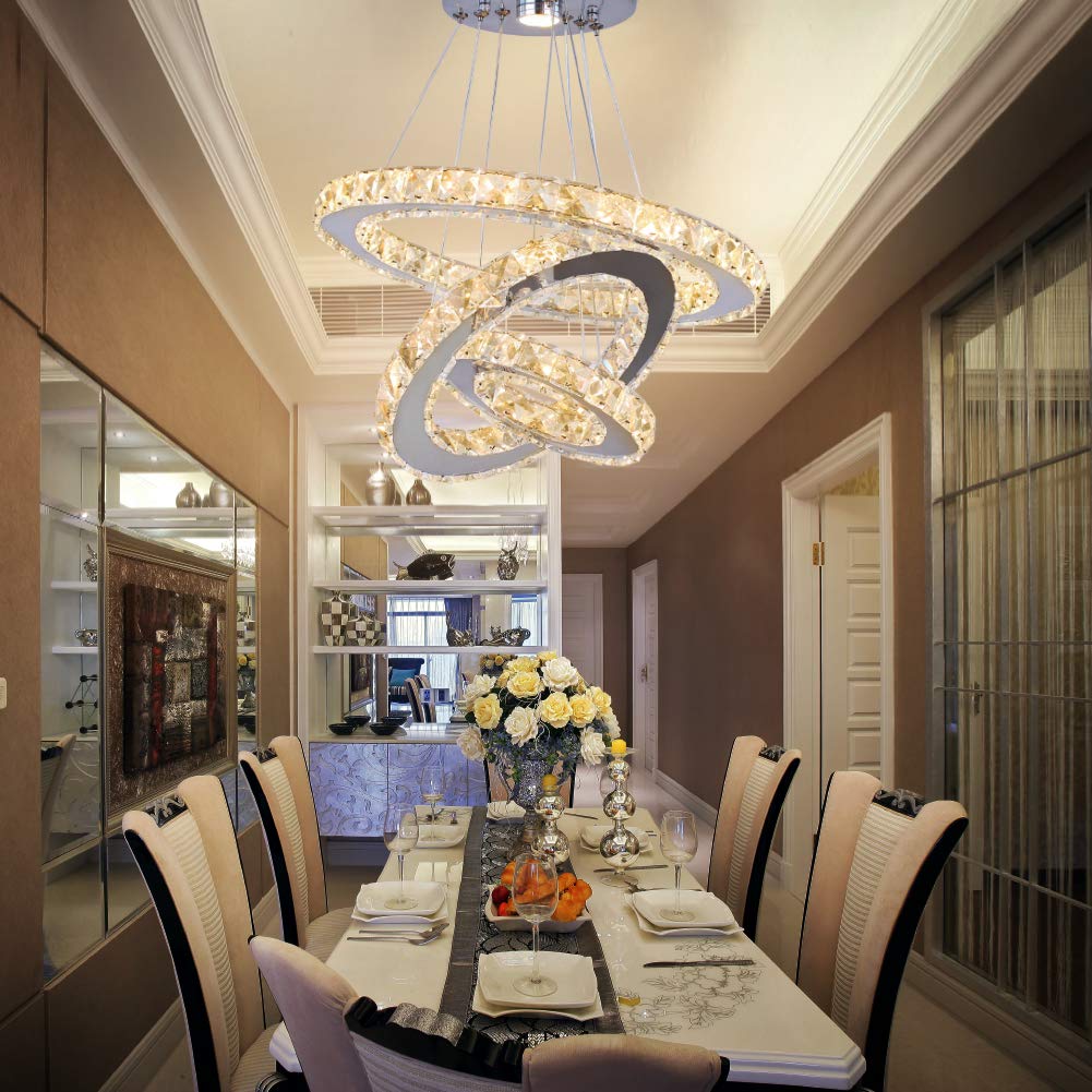 diisunbihuo LED Chandelier Modern Crystal 3 Rings Pendant Light, Adjustable Stainless Steel, Warm White, Size 20/30/40, Ideal for Home Decor