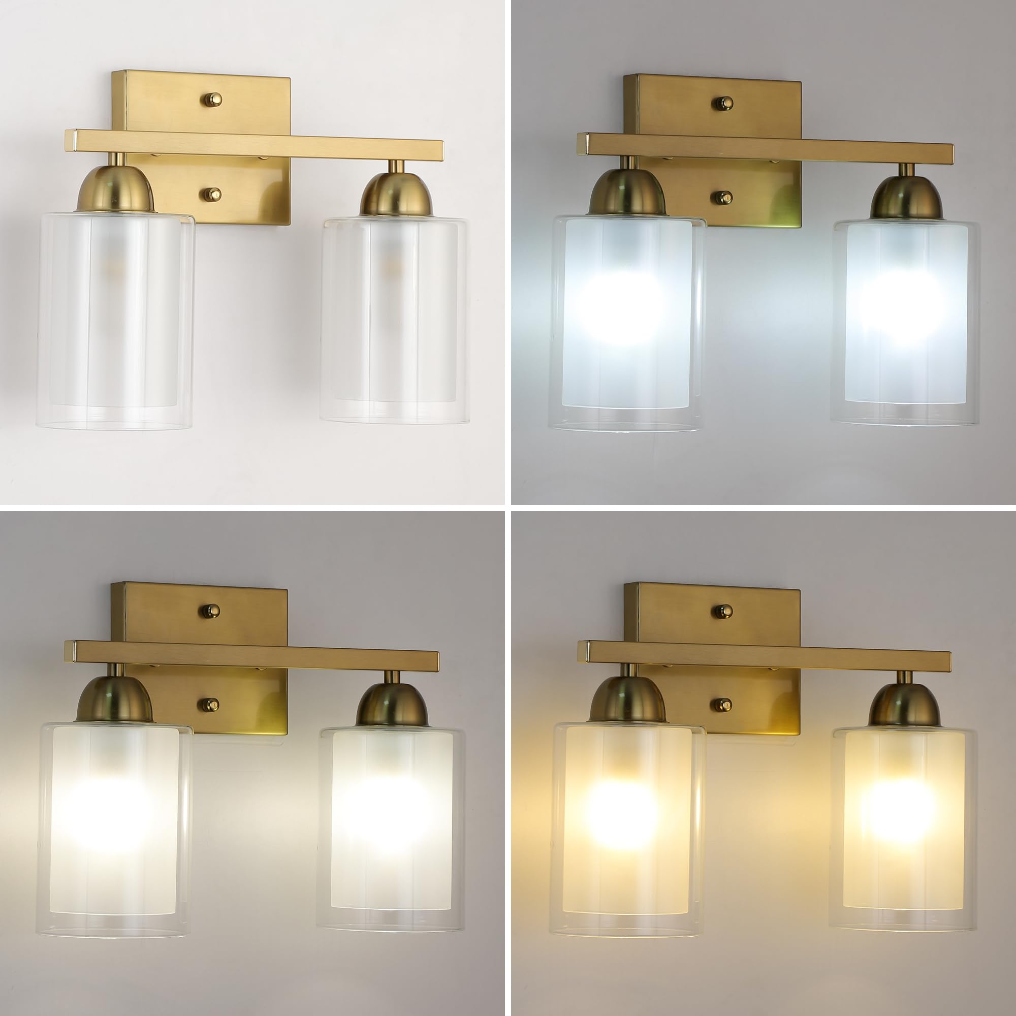 Mecgirn Stainless Steel Bathroom Vanity Light, 2 Light Brushed Gold Fixture with Milk & Clear Glass Shades, Model B0007-2-Gold