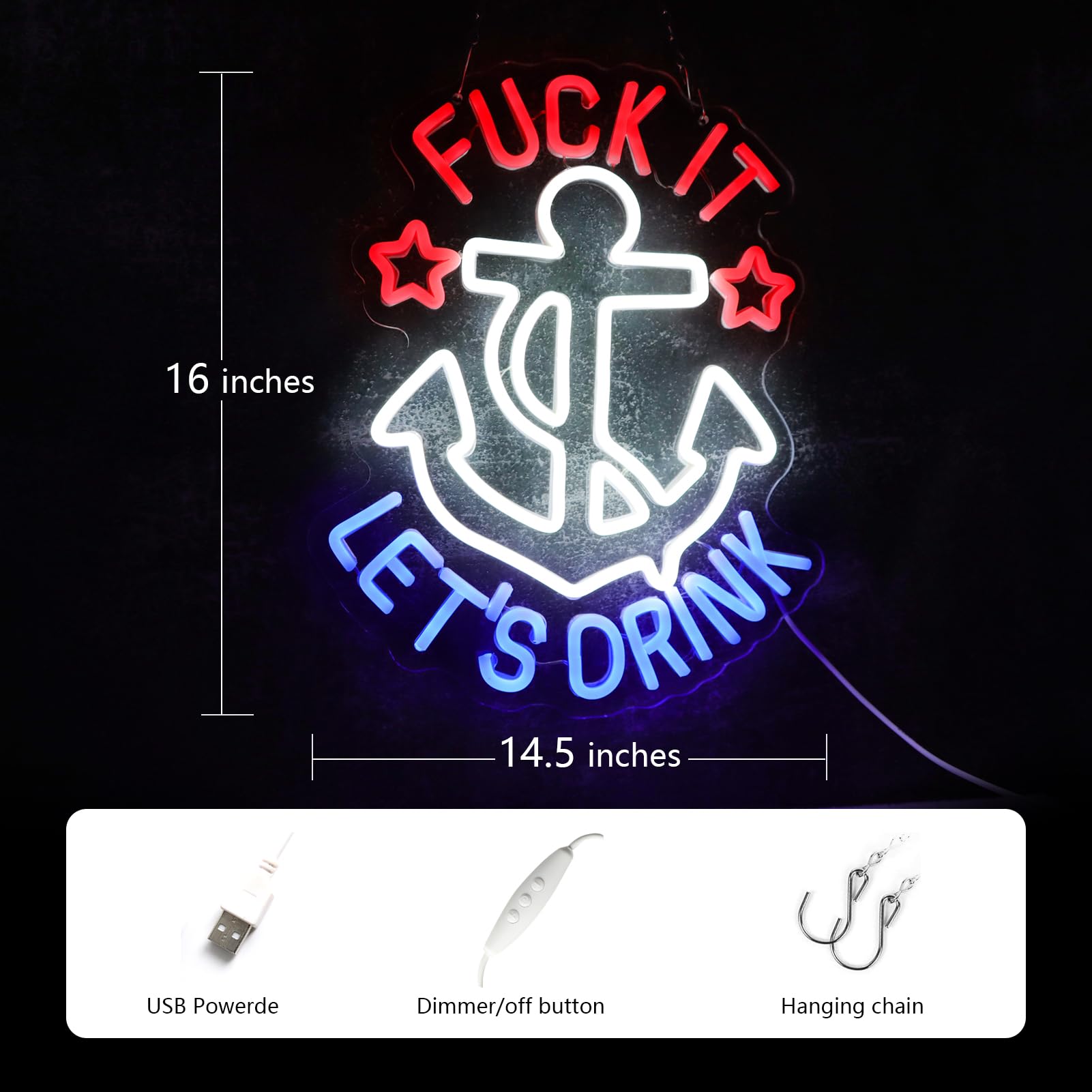 JFLLamp Neon Sign for Wall Decor, inLets Drinkin, 14.5x16 inches, Plastic, Red/White/Blue, Model NS-IT LETS DRINK