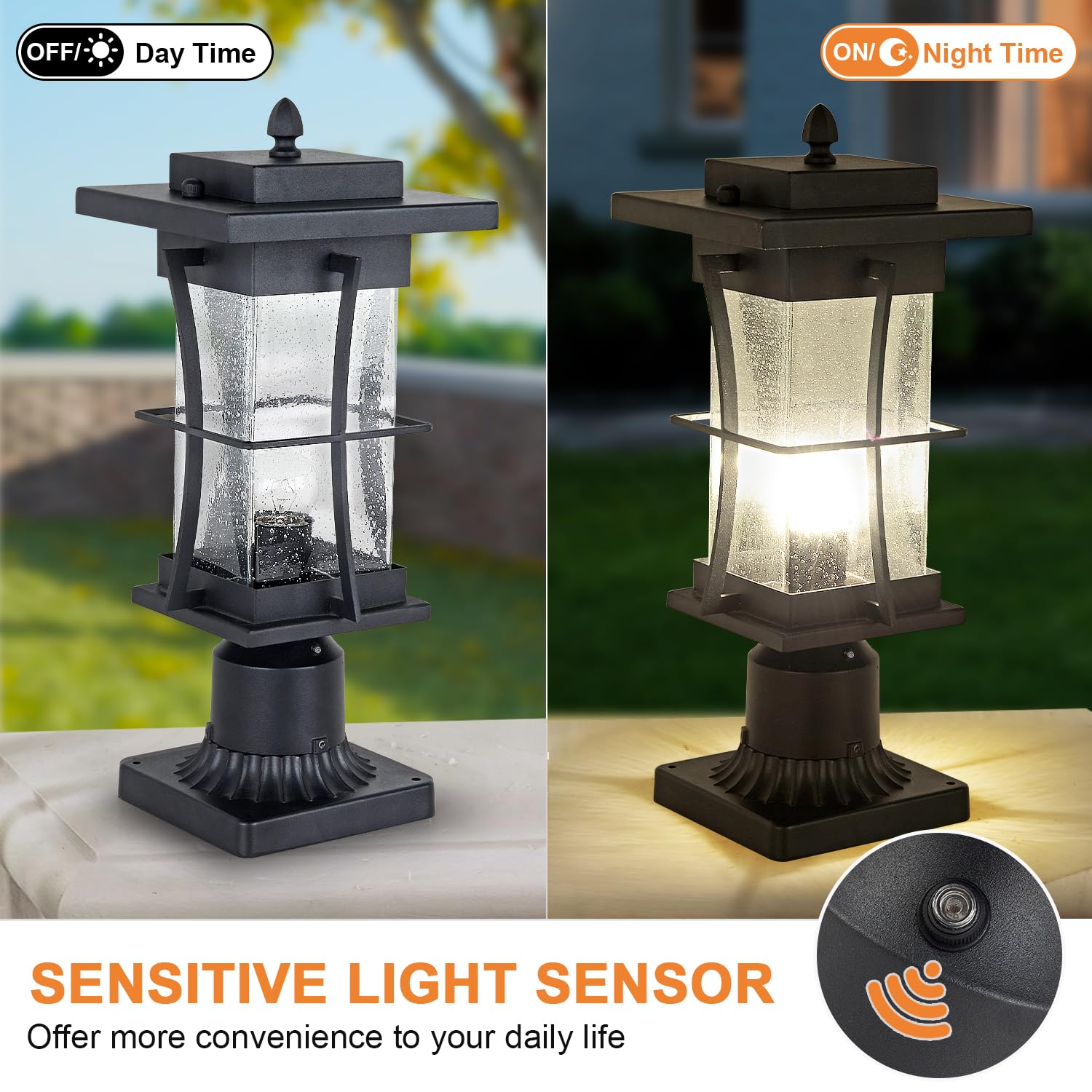 EERU Outdoor Post Light Fixture, Waterproof, Black, Large, Glass, Dusk to Dawn Sensor, Pier Mount Adapter