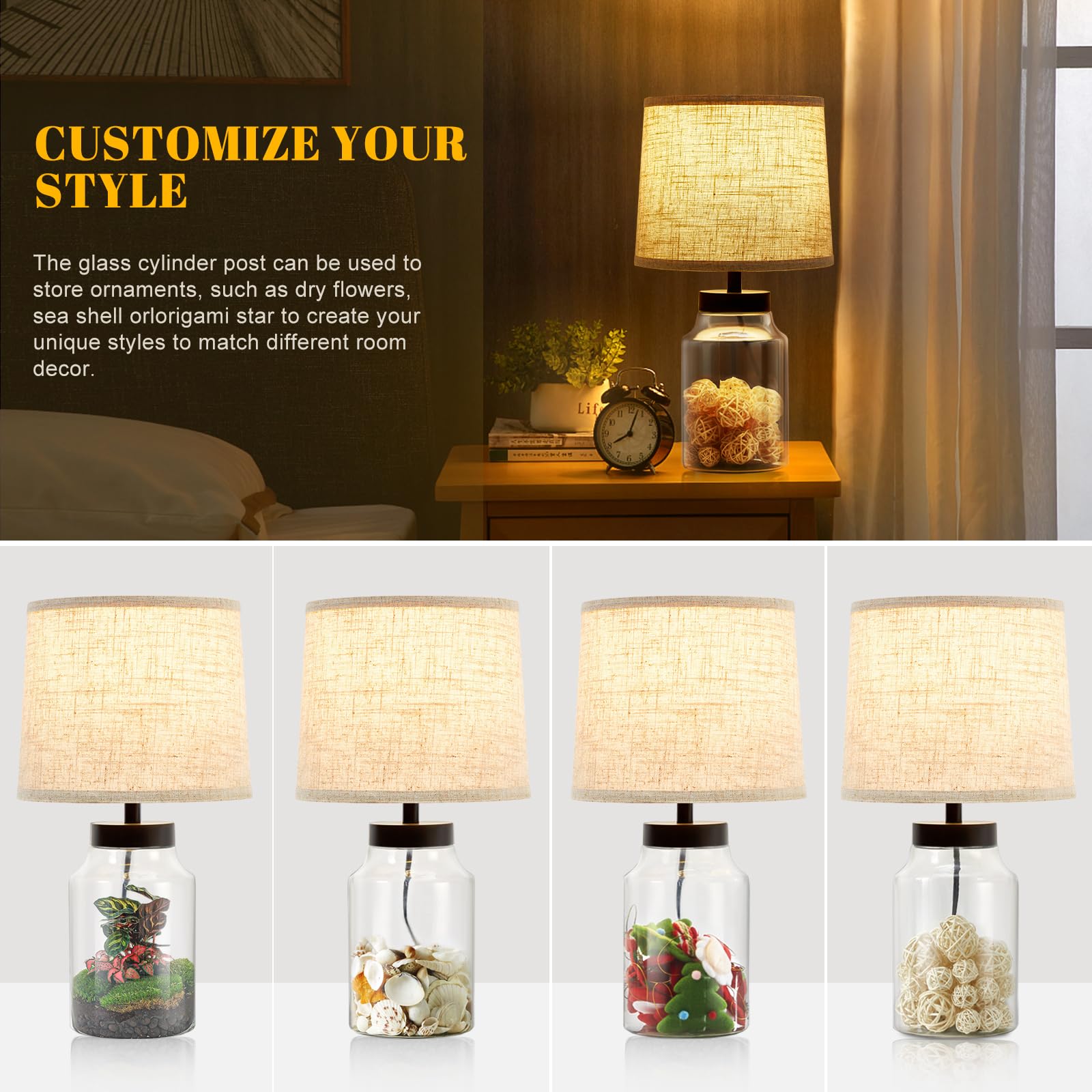 GyroVu Table Lamp Set of 2, Clear Glass, Metal, Oat Lampshade, Model B0CY523GJ2, Nightstand Lamps for Living Room and Bedroom