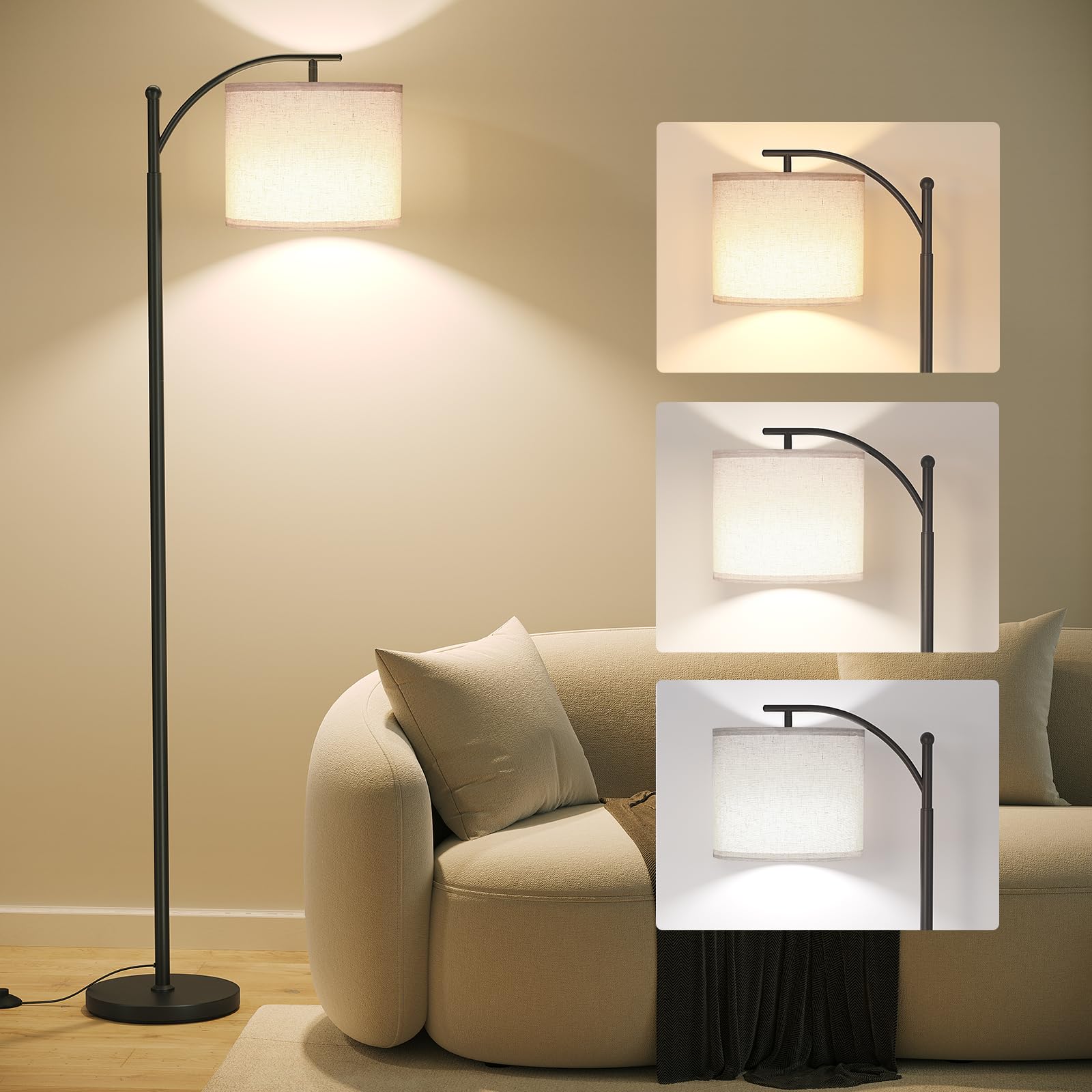 SUNMORY Arc Floor Lamp, Modern Metal Lamp with 9W 3 Color Temperatures Bulb, Adjustable Shade, Black, Model MF18166A