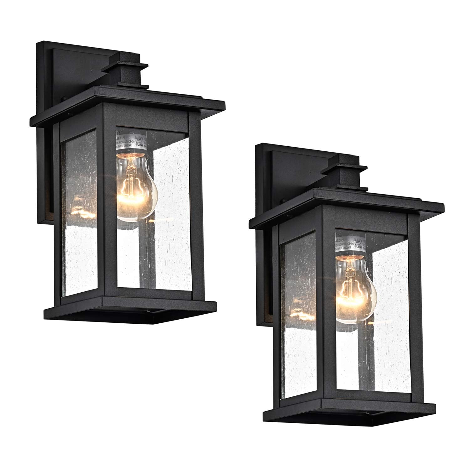 MICSIU Outdoor Wall Sconce, 12in Black Metal Light Fixture, 2 Pack with Clear Seedy Glass, Model A19008