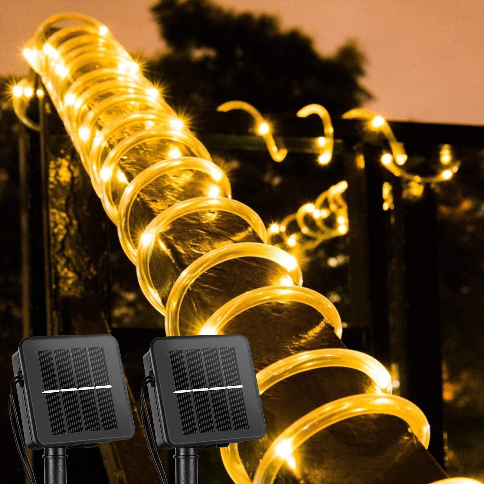 Solar Rope String Lights Outdoor 2 Pack 39 Feet 100 Led Waterproof Solar Powered Fairy Lights with 8 Lighting Modes, Copper Wire PVC Tube Lights for Garden Wedding Party DIY Decor (Warm White)