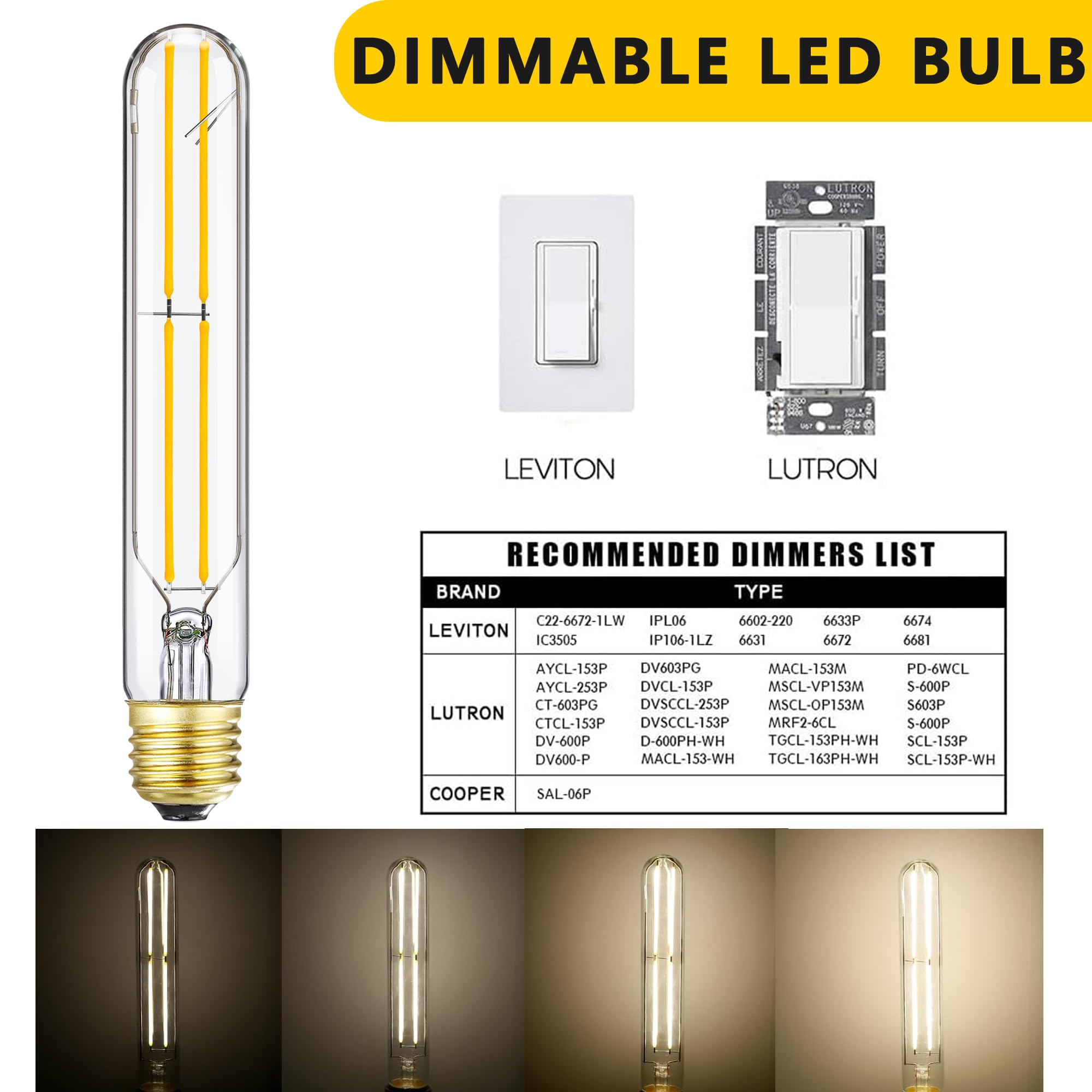 7.3 Inch T10 Led Bulb 60 Watt, Dimmable 3000K Soft White E26 Edison Bulb, Ac120V 600Lm,6W Tubular Long Clear Glass Light Bulb Fo