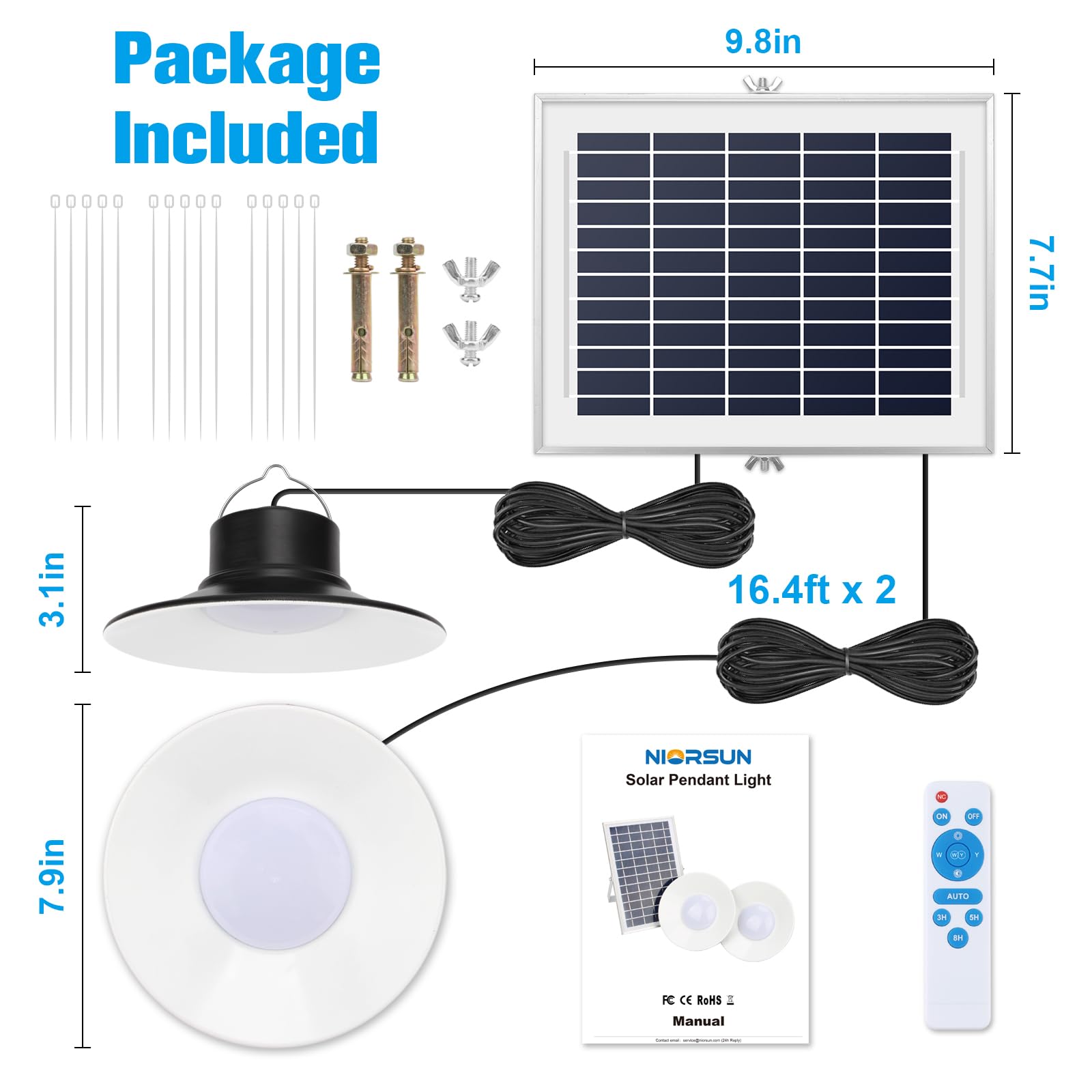 NIORSUN Solar Indoor Lights Outdoor, LED Solar Pendant Lights 3 Color Dimmable Lighting with Remote Control, Gazebo Lights,2x16.