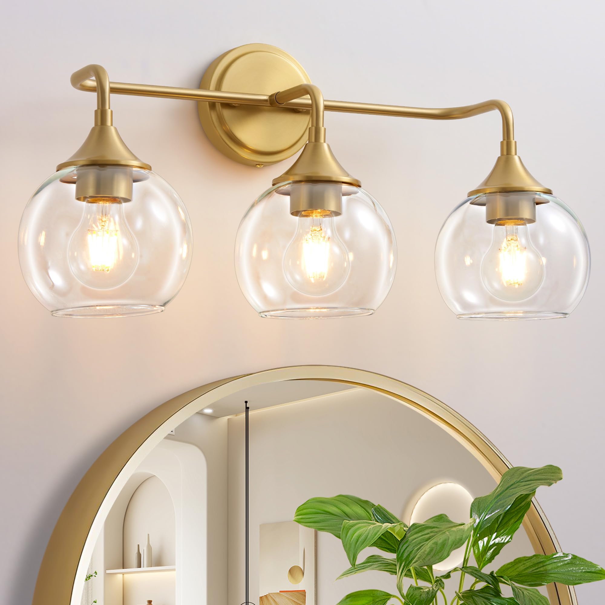Gednbo Gold Bathroom Vanity Light Fixture, 3-Light Design, Clear Glass Shade, 22 Inch, Model G1796