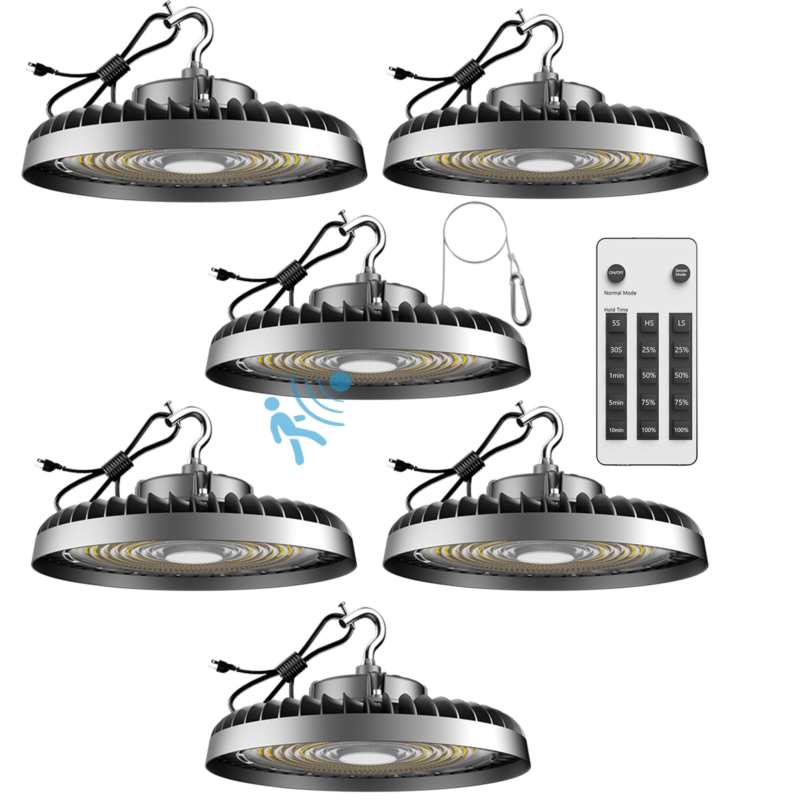 ACOHOOK High Bay Light 300W with Motion Sensor, 45000lm, Remote Control, Aluminum, 6Pack, Model AUFO-15MD, Smart Color