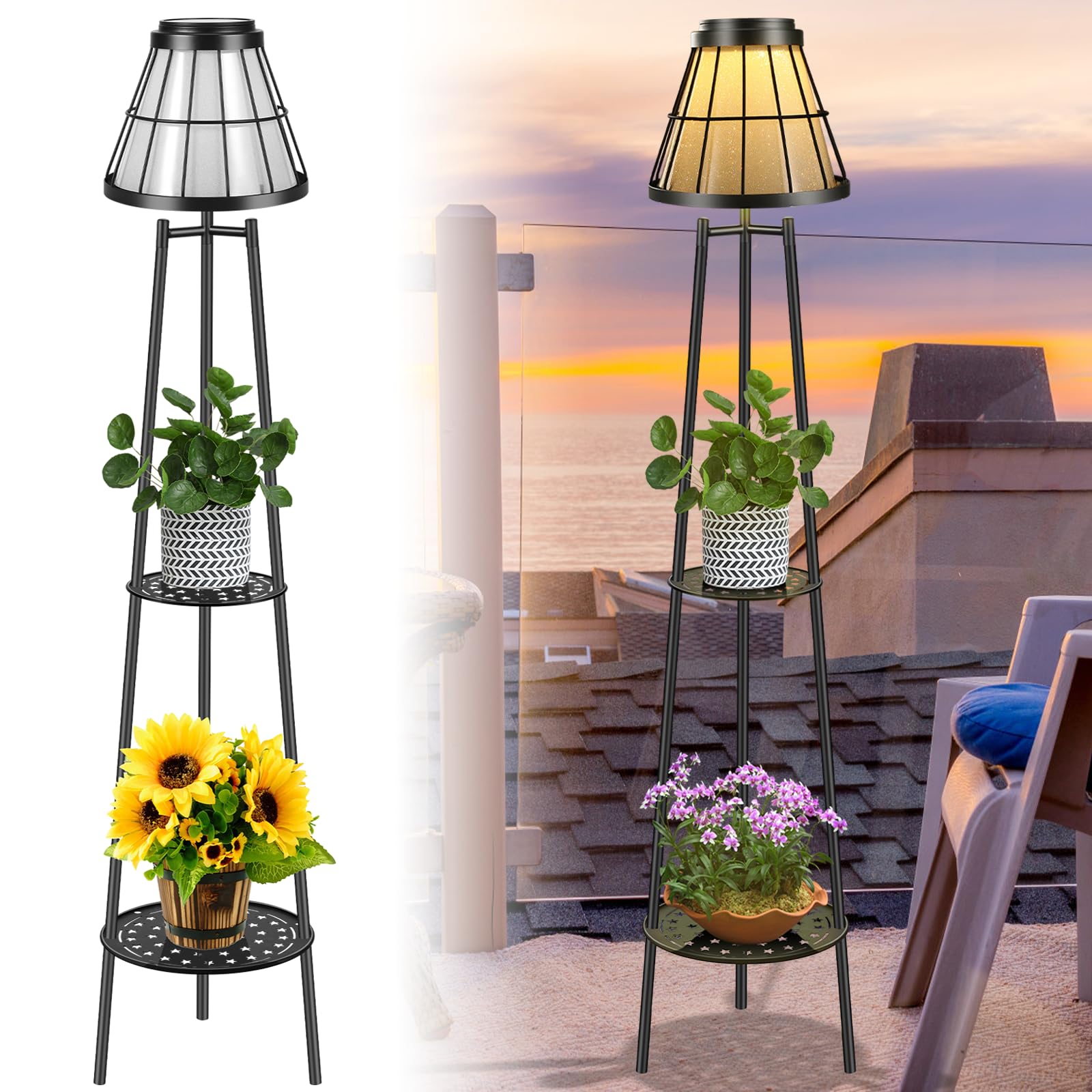 Solgicar 45.4'' Metal Outdoor Floor Lamps With 2 Plant Stand, Solar Lights Plant Stand, Waterproof Solar Lantern Lights For Patio Deck Yard Garden Porch - Black