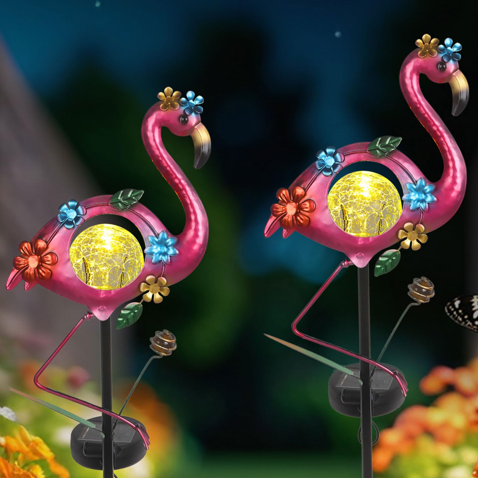 Solar Flamingo Garden Stake Lights Outdoor 2 Pack Metal Flamingo Lawm Ornament Waterproof Decorative Garden Stakes Patio Gifts f