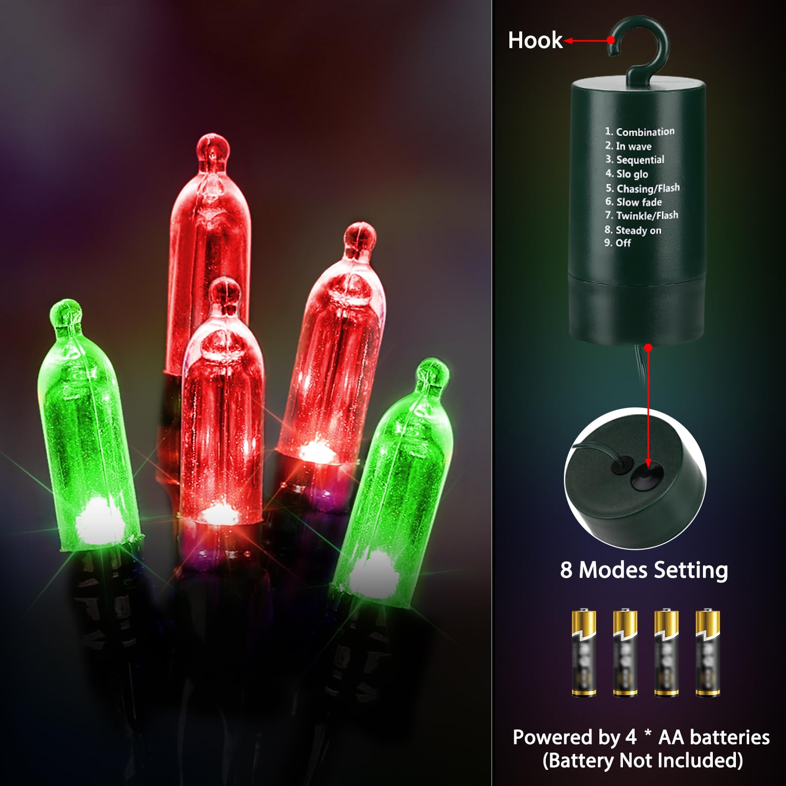Lyhope Battery Christmas Lights  2Pack Total 66Ft 200 Led Christmas Lights Waterproof 8 Modes Battery Operated String Light For Outdoor & Indoor  Xmas Tree  Wreaths  Holiday Decoration (Red & Green)
