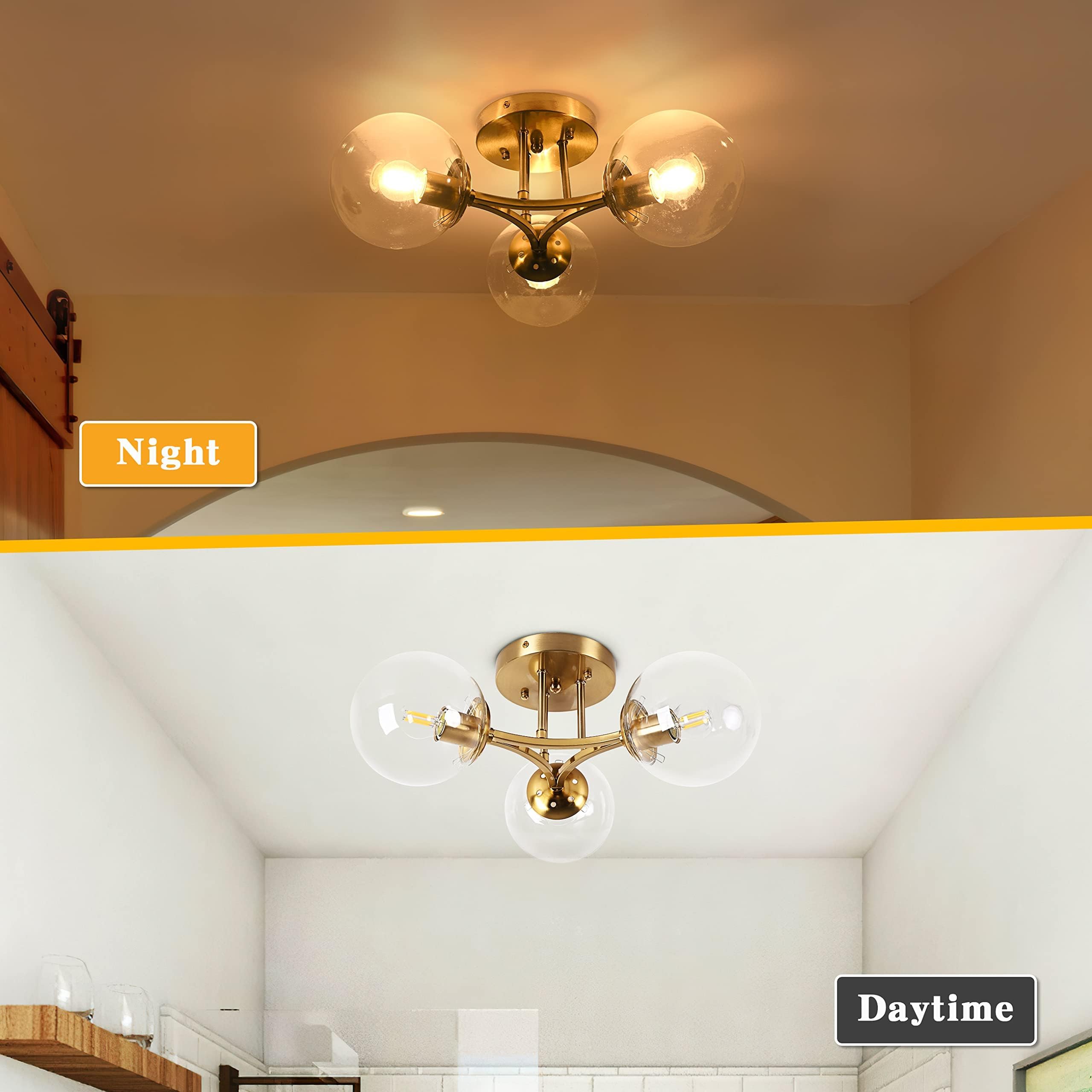 Bagood Mid Century Modern Ceiling Light Clear Globe Semi Flush Mount Ceiling Light Gold Sputnik Light Fixture Chandeliers Clear Glass Brushed Brass Chandeliers Living Room Dining Room Bedroom 3 Lights