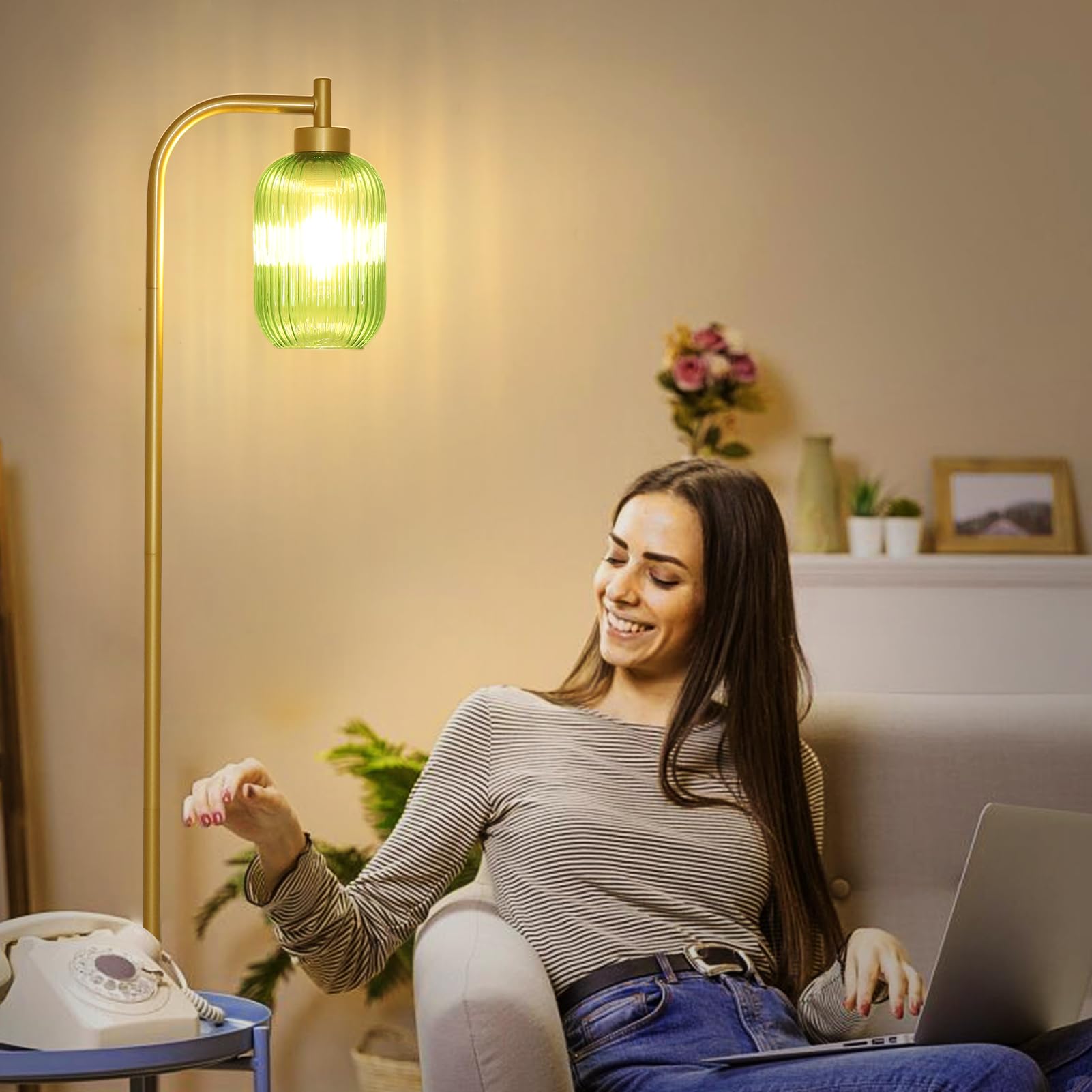 LAMSU Glass Floor Lamp - Modern Gold Standing Lamp with Green Stripe Shade, LED Bulb, Foot Switch, Minimalist Design for Living Room & Bedroom