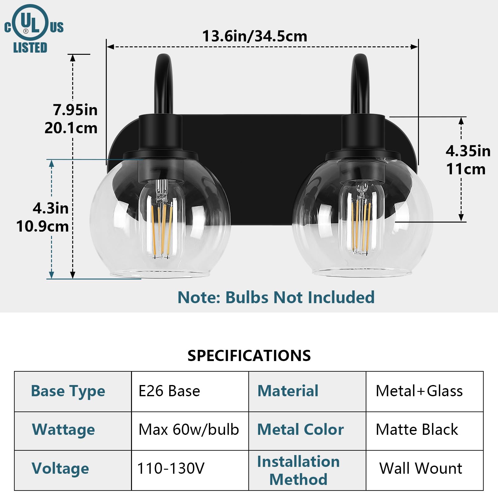 Dpyrrhic 2-Light Bathroom Vanity Light, Matte Black Metal Fixture with Clear Glass Shade, Model JD-192
