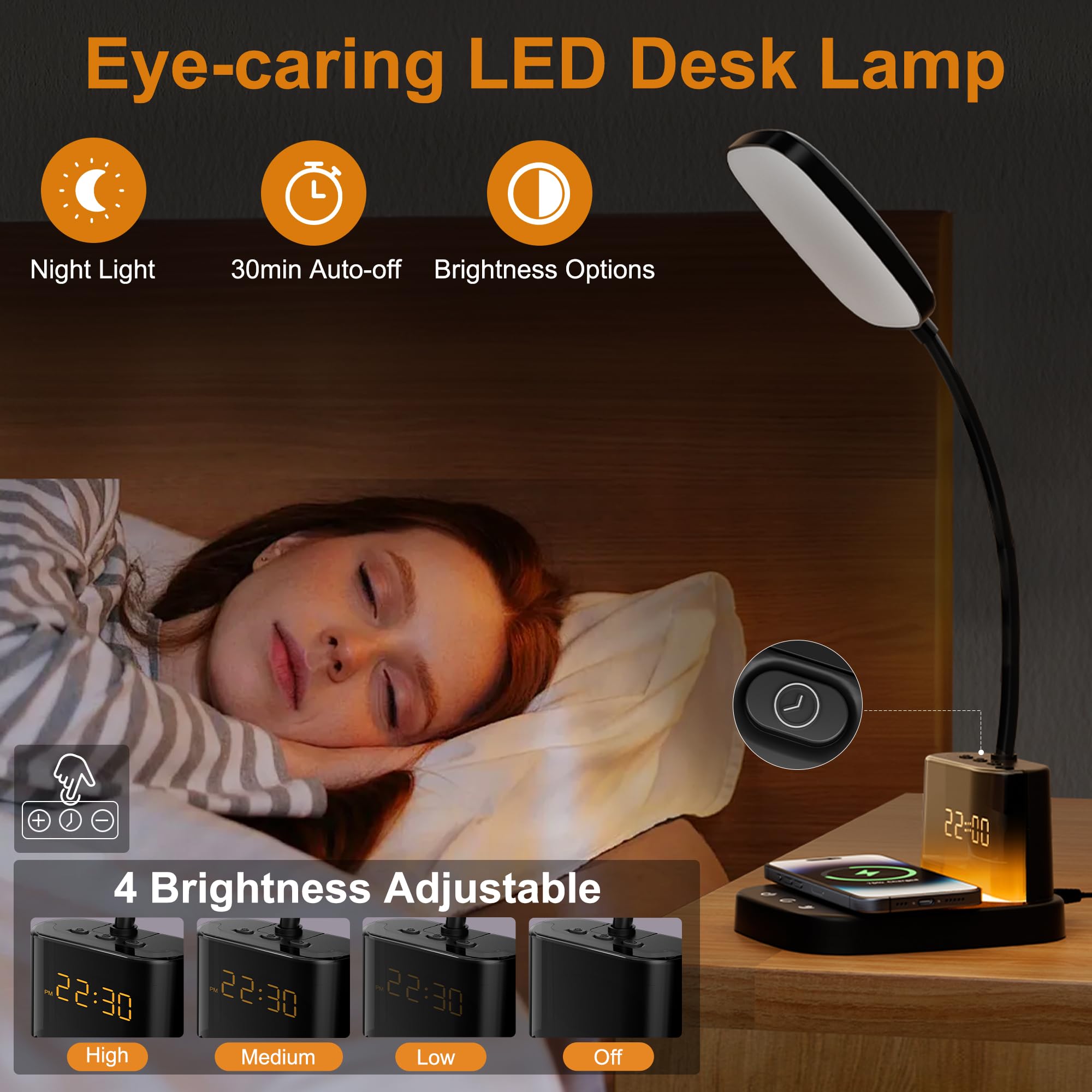 Sailstar LED Desk Lamp with Wireless Charger & Clock, 800LM, 3 Color Modes, 5.11x6.29x23.85 inches, Light Black, Model DL-C