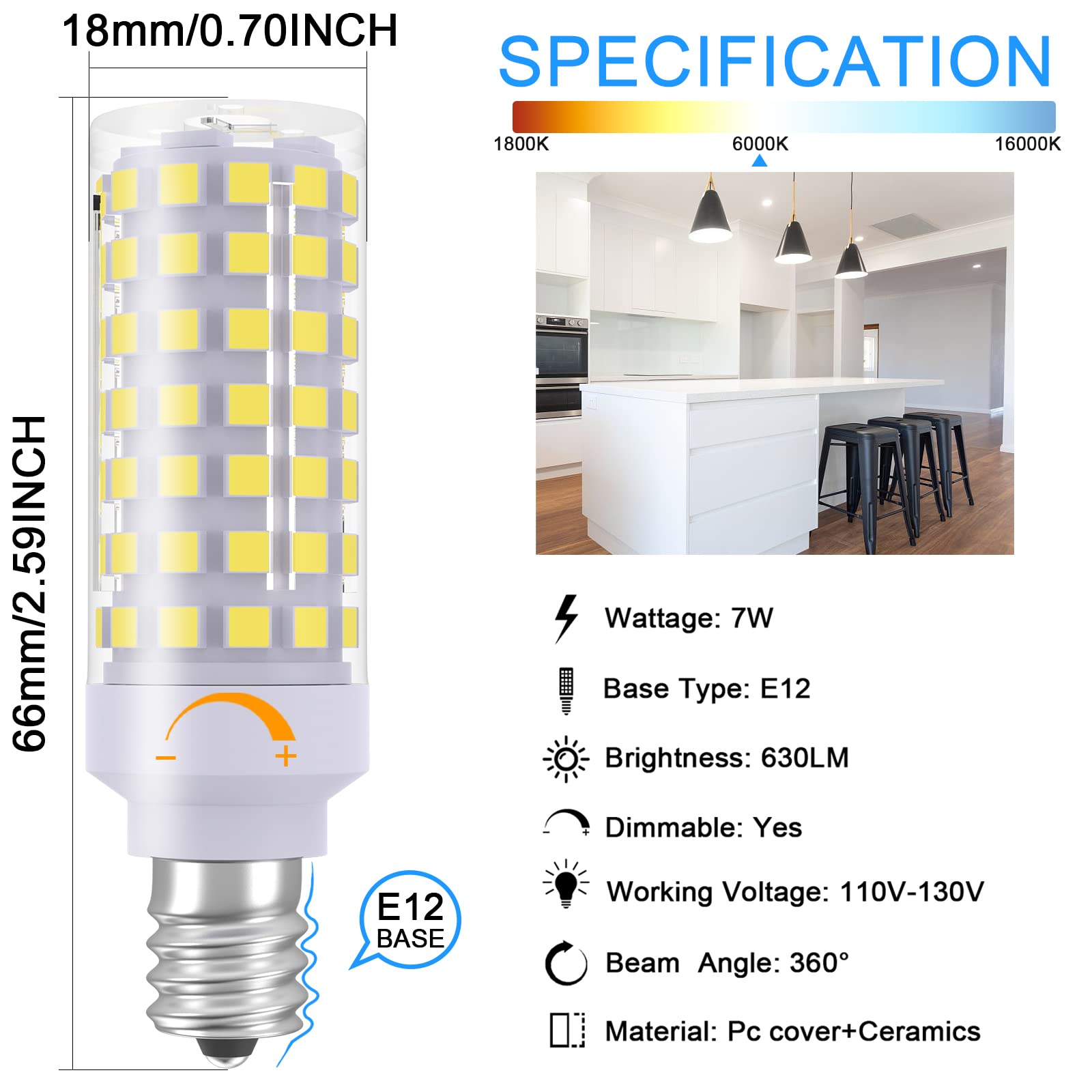 TAIYALOO E12 LED Light Bulb Dimmable 7W Daylight White 6000K, 3-Pack, Ceramic+PC, Candelabra Base for Ceiling Fans &