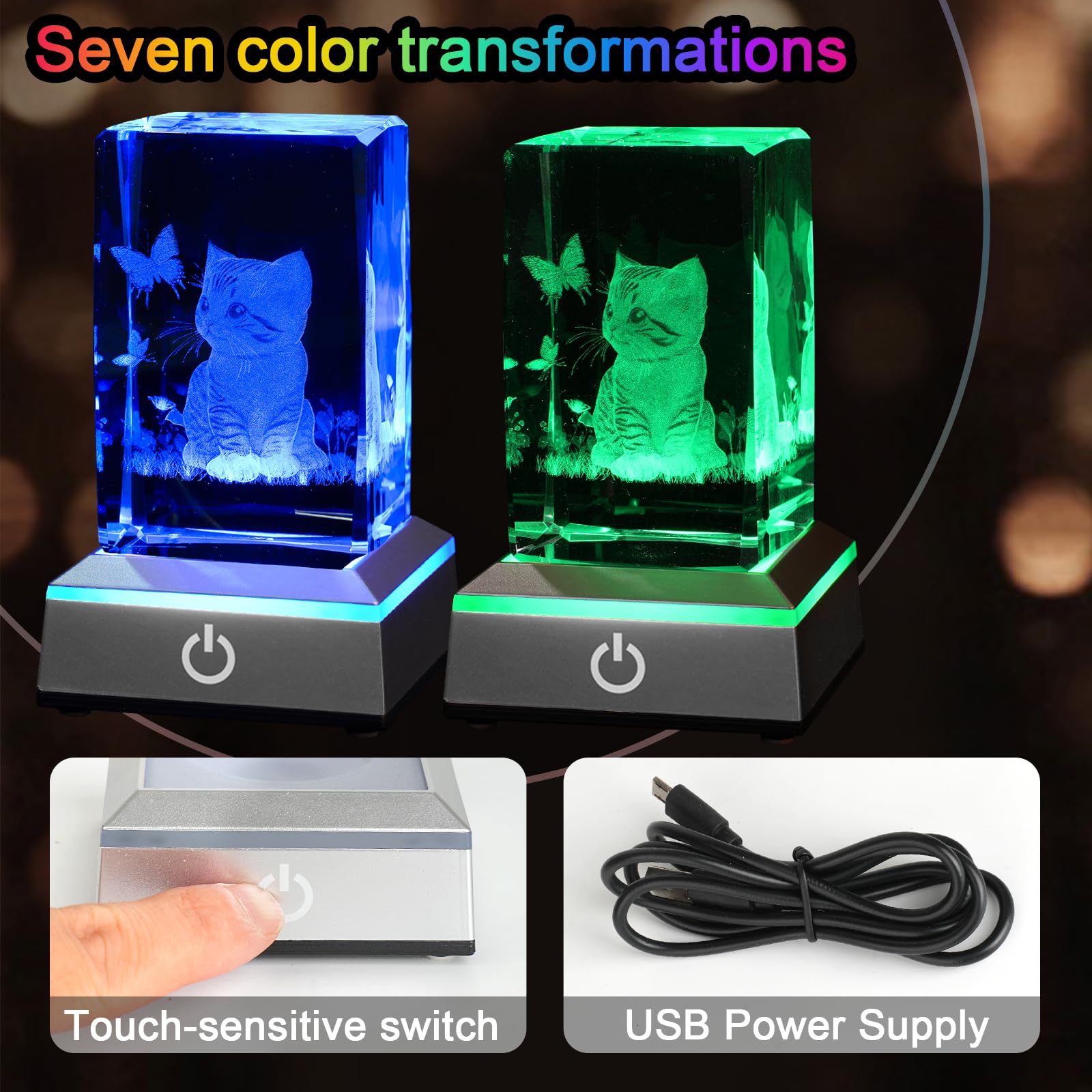 Eicxjui 3D Crystal Night Light With Multicolor Led Base Glass Laser Engraved Cat Figurine Gift For Women Cat Lovers Birthday Chr