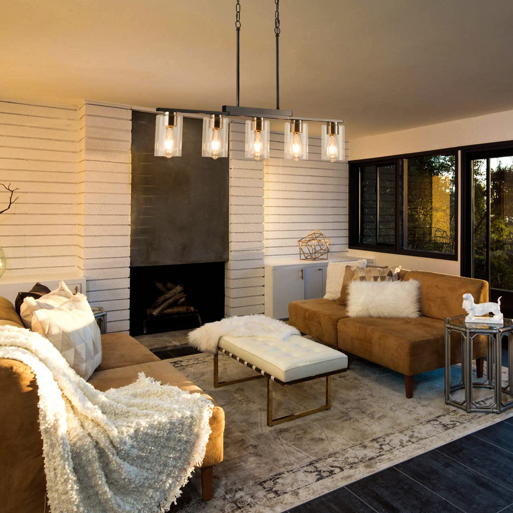 Wilon Pendant Lighting For Kitchen Island, 5-Light Dining Room Light Fixture, Kitchen Island Lighting With Clear Glass Shade Bru