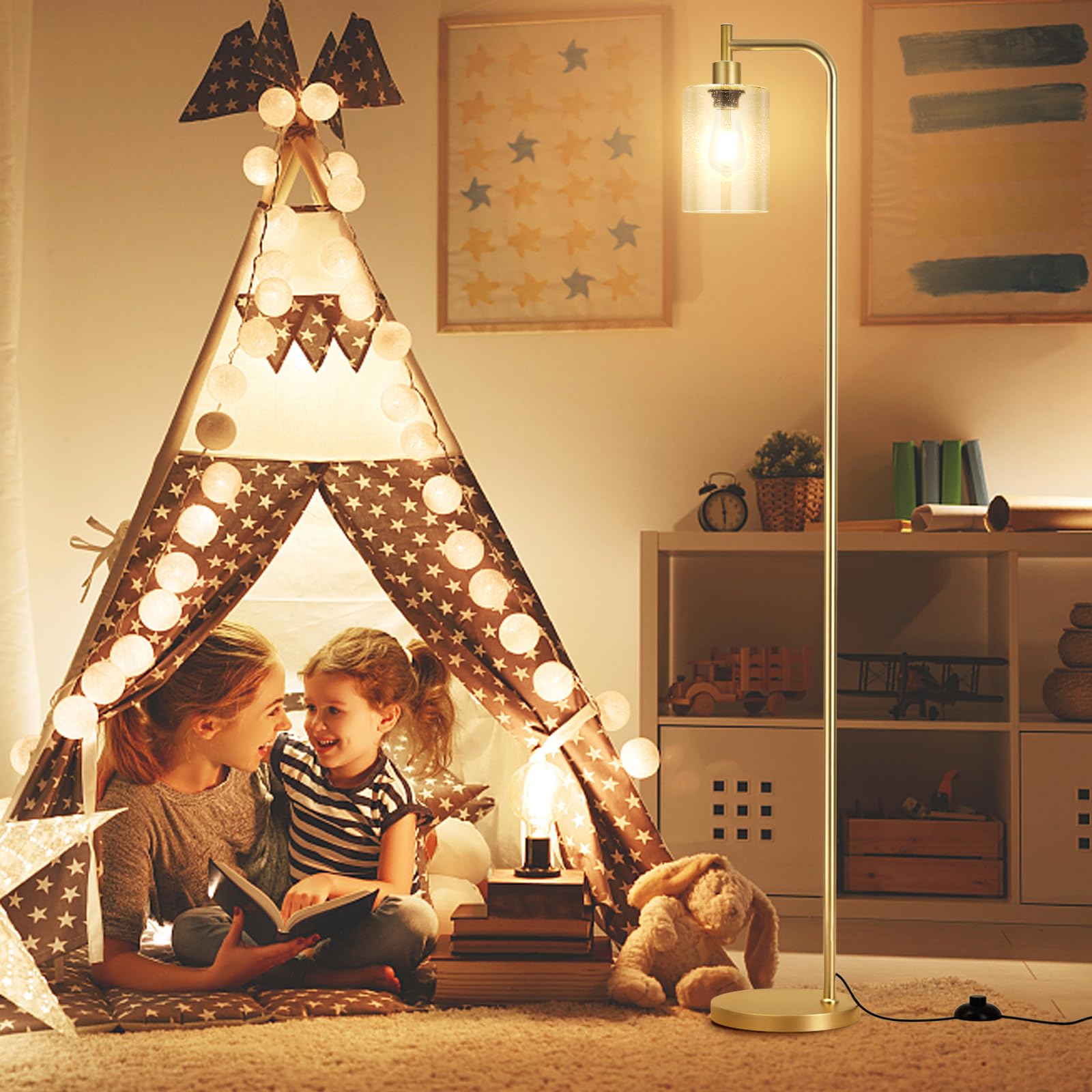 Ziisee Floor Lamps For Living Room - Standing Lamp With Seeded Glass Shade, Modern Gold Floor Lamp With Led Bulbs, Bright Indust