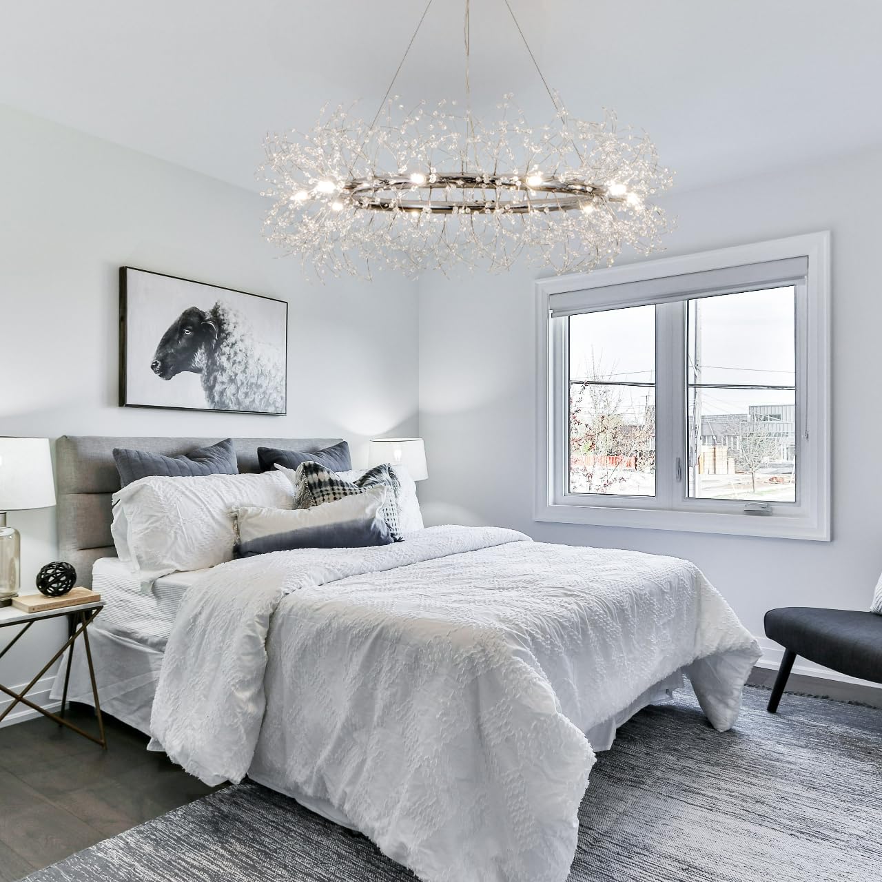 Modern Crystal Silver Chandeliers,Chrome Dining Room Chandelier Light Fixture Round,Large Living Room Chandelier,Crystal Ceiling