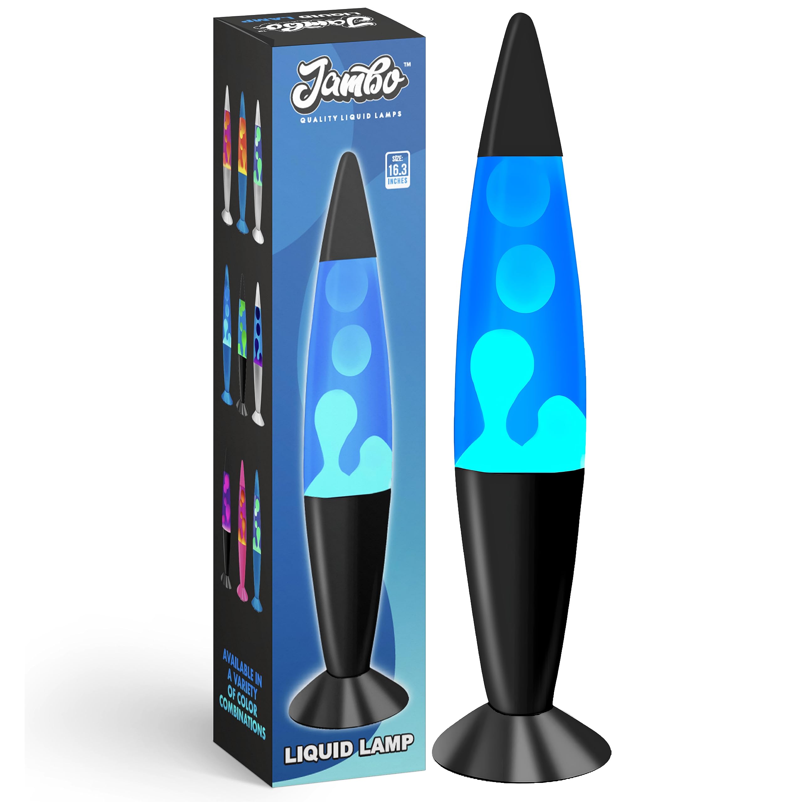 JAMBO 16in Liquid Lamp - Blue with White Wax, Black Base, Model 58000, Relaxing Night Light for Home Decor