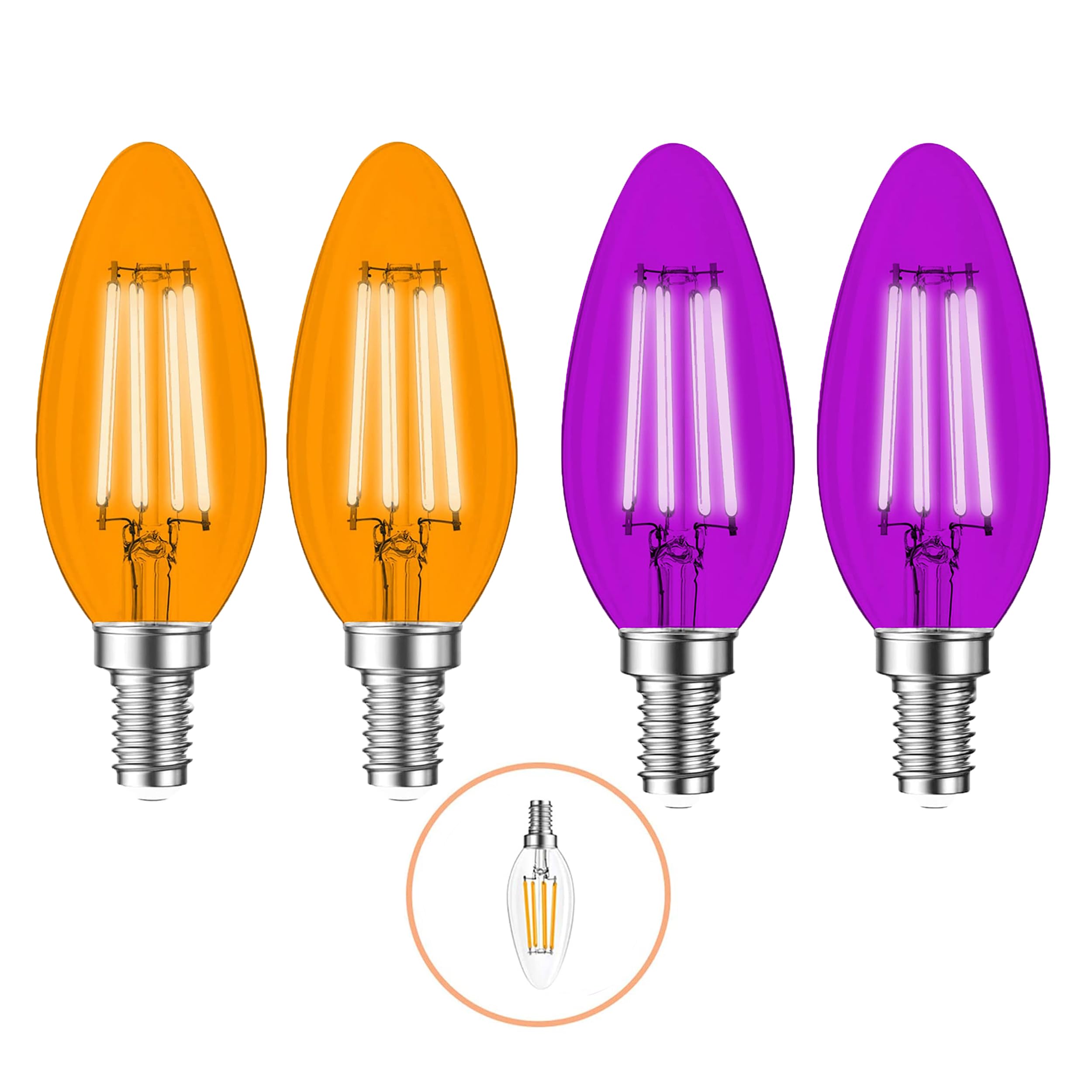 4 Pack Filament E12 Candelabra LED Halloween Light Bulbs - 4W 40 Watt Equivalent E12 Candelabra Base - Vintage LED Decor Purple 