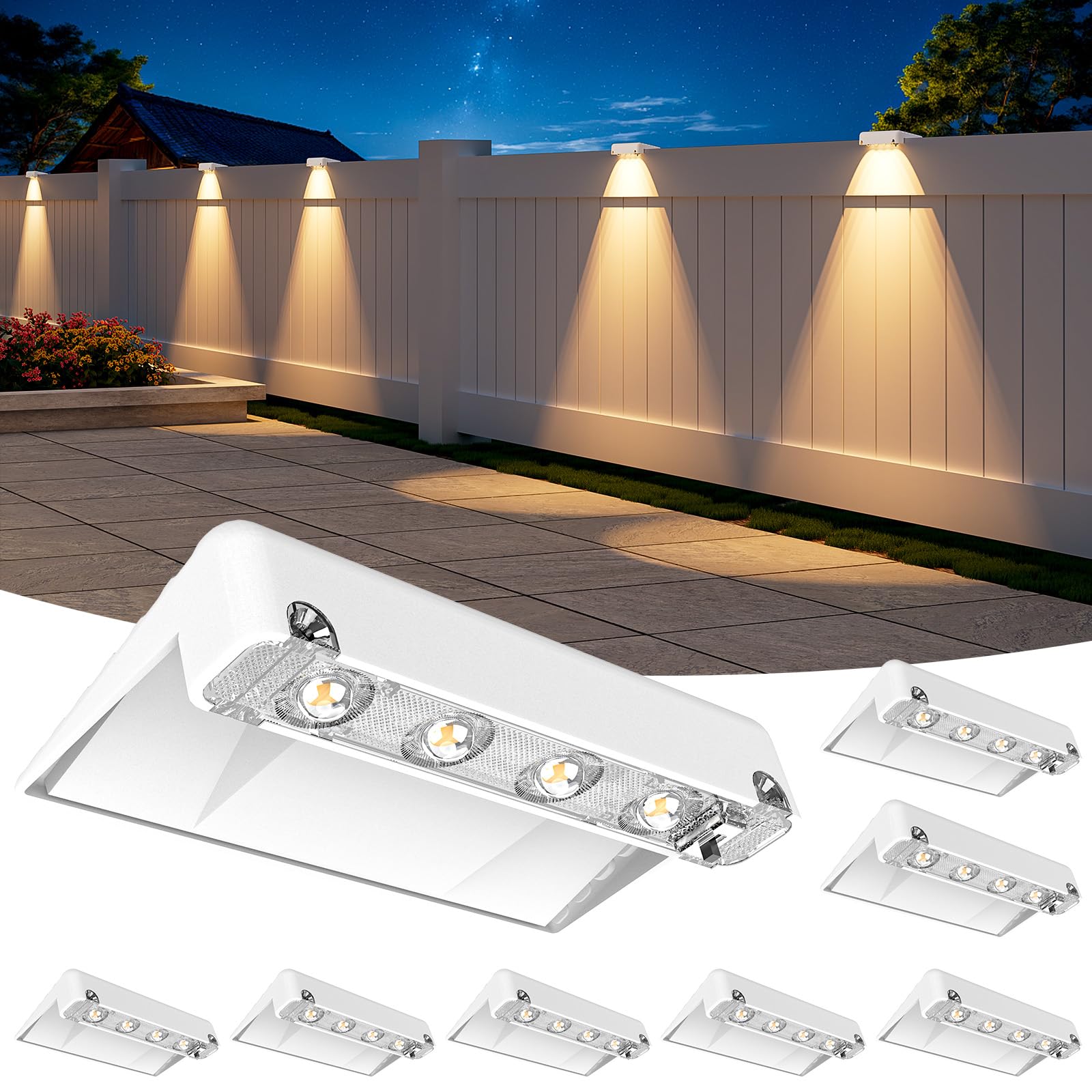NIORSUN Solar Fence Lights Outdoor 8 Pack  IP65 Waterproof Large Size LED Solar Deck Lights with Lenses  Auto ON Off Warm White Step Lights for Outside  Patio  Fence  Yard and Railing Decor (White)