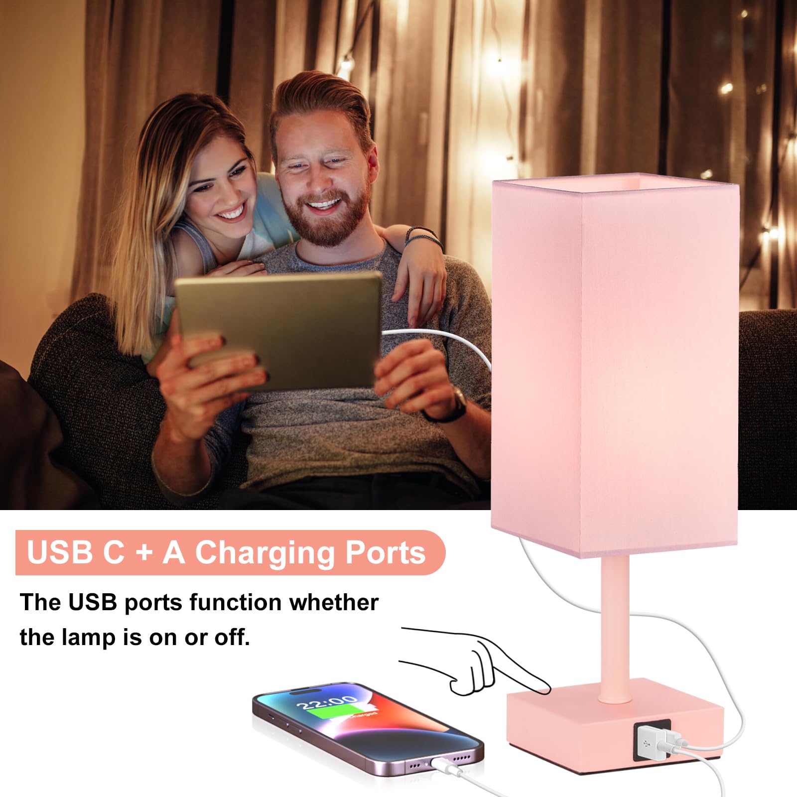 Ambimall Touch Control Table Lamp - USB A+C Ports, 13" Pink Fabric Nightstand Lamp, Model RPT-fang1-9, LED Bulb Included