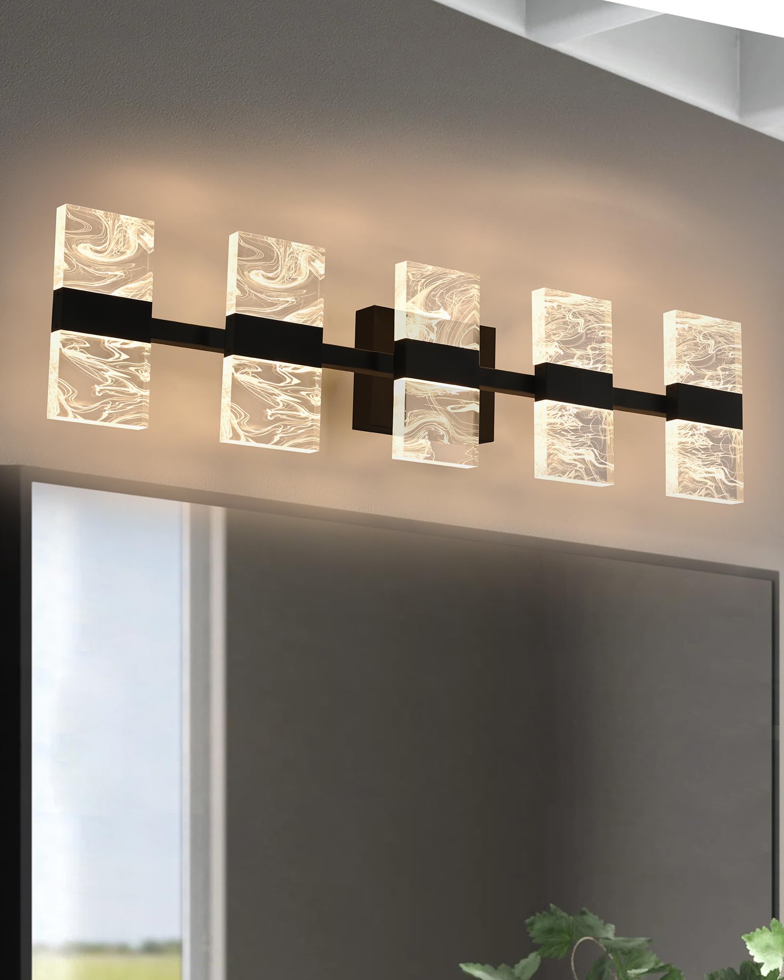 WINSHEN Black LED 3000K Bathroom Light Fixture  Modern 5-Lights Vanity Lighting with Smoke Acrylic Shades  Wall Lamp Over Mirror for Kitchen Bedroom Dress Table (Integrated Led Chips Included)