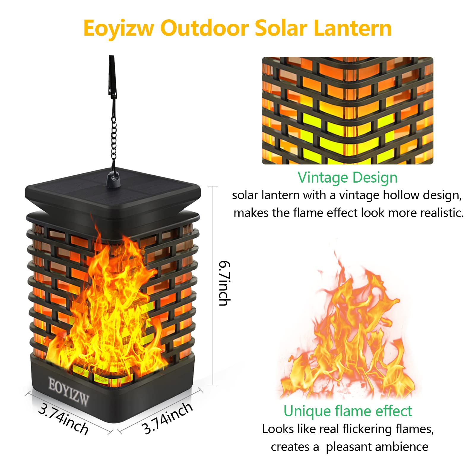 EOYIZW Solar Outdoor Lights 2 Pack- 99 LEDs Solar Lantern Flickering Flame Lights for Garden Decor- IP65 Waterproof Solar Garden