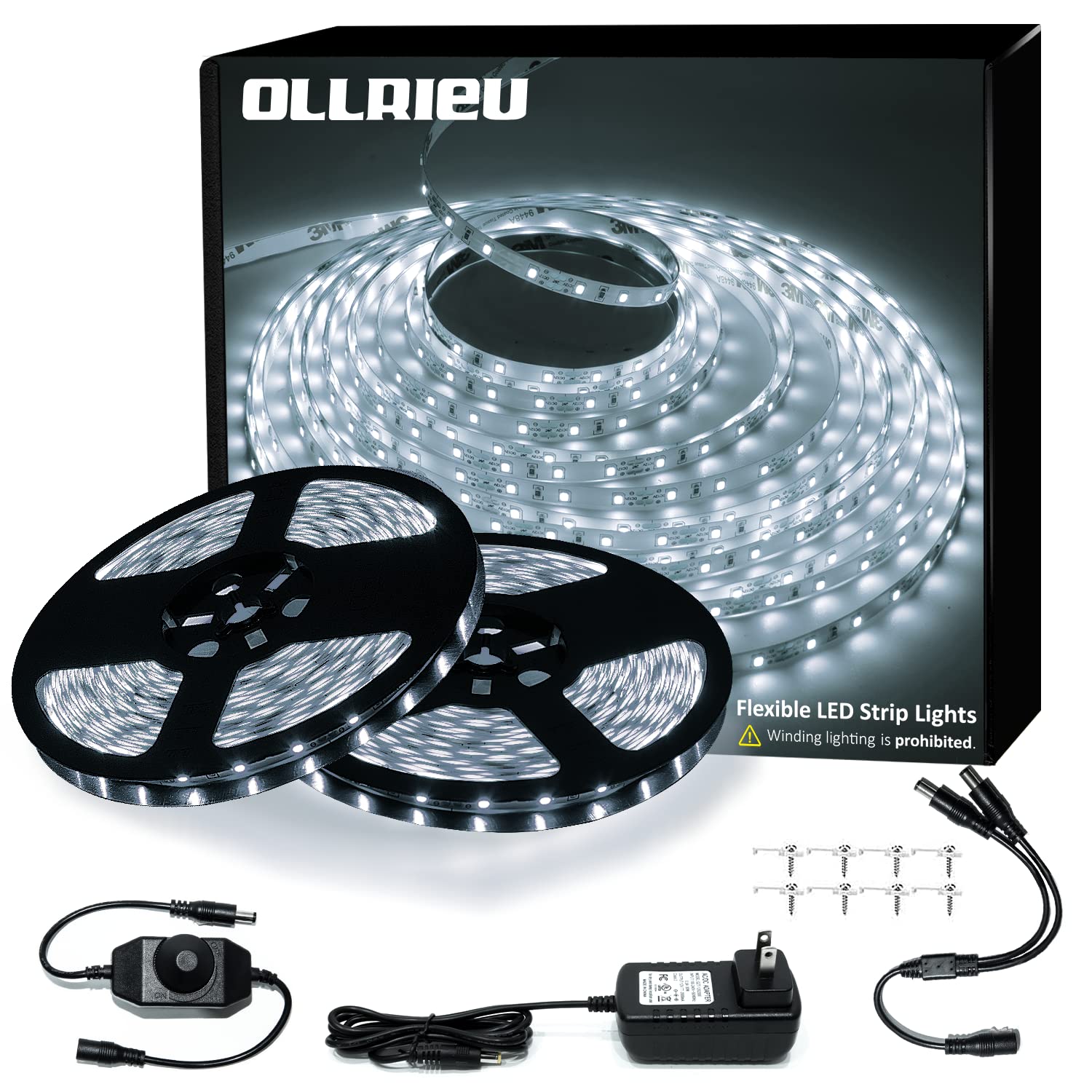 ollrieu LED Strip Lights 100ft, Dimmable 6000K Bright White, 1800 LEDs, Flexible Ribbon Light, Model OL001030-01-US