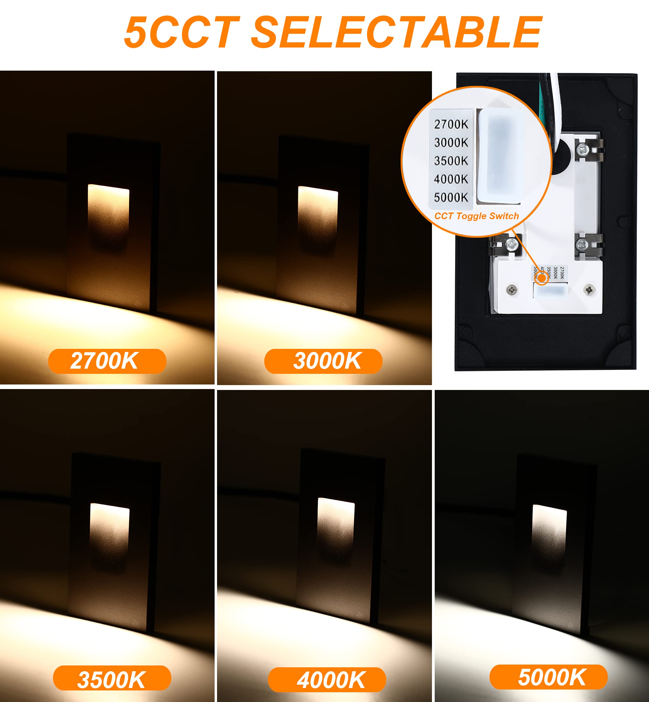 Cloudy Bay 120V Dimmable 5 Color Led Indoor Outdoor Step Light,2700K/3000K/3500K/4000K/5000K 3W 35Lm,Stair Lights,Black,6 Pack