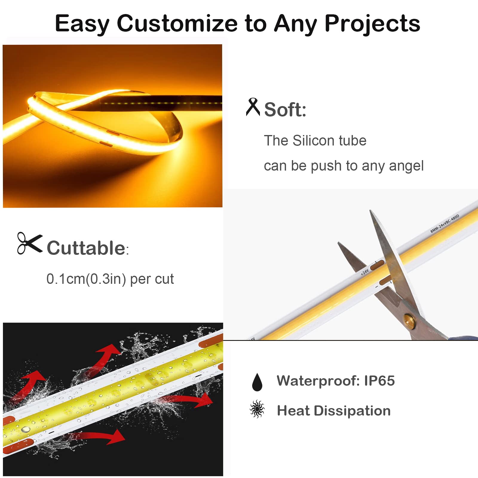 Gupup 16.4Ft Cob Turnable Rope Light, White Led Strip Light, 6500K 24V, 1600 Leds Density Lighting Strip With Dimmable Switch, 3