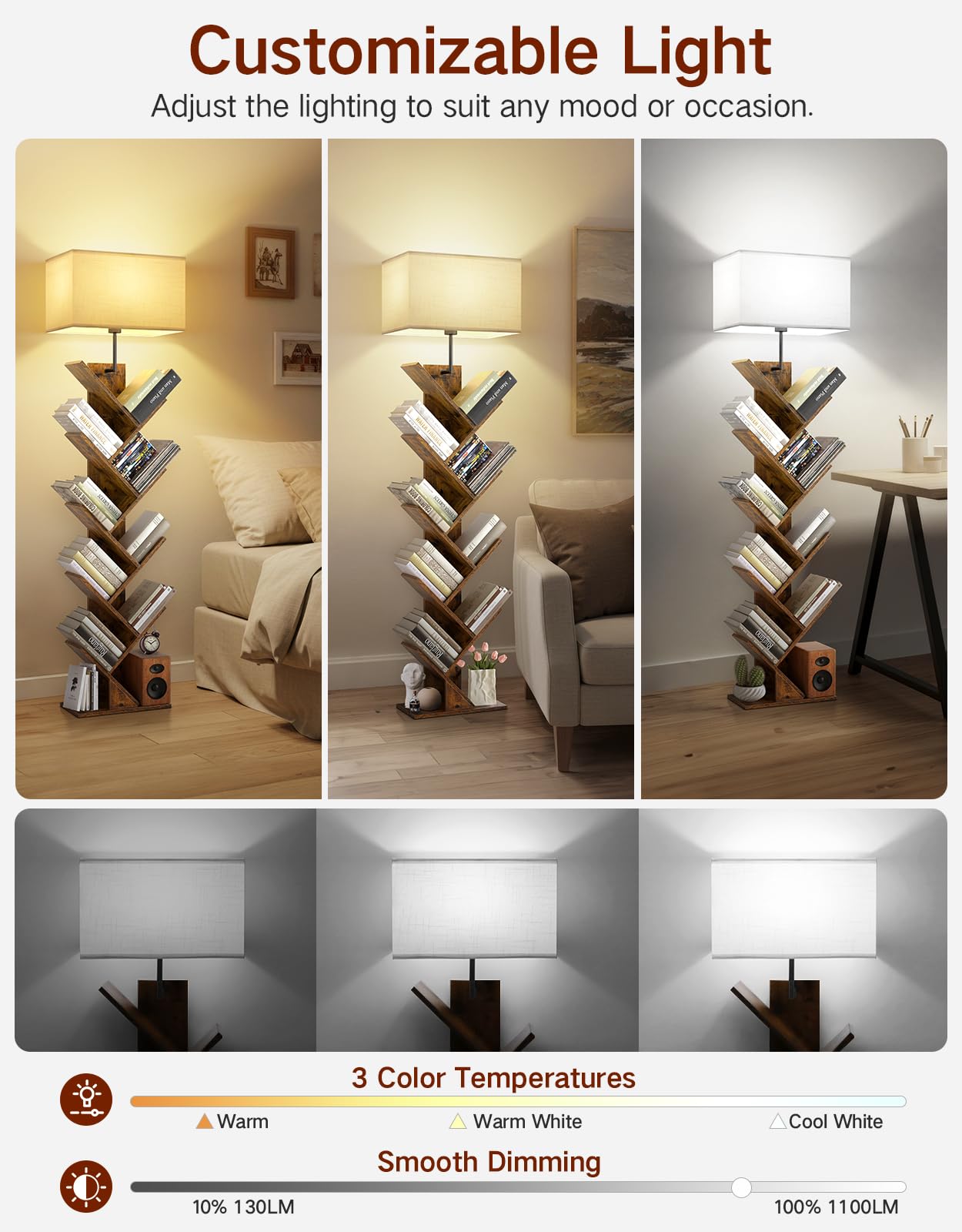 OUTONLIFE 9 Tier Tree Bookshelf, Rustic Brown Engineered Wood, 152.3cm x 17cm x 34.5cm, with Light, Remote & Timer, Modern