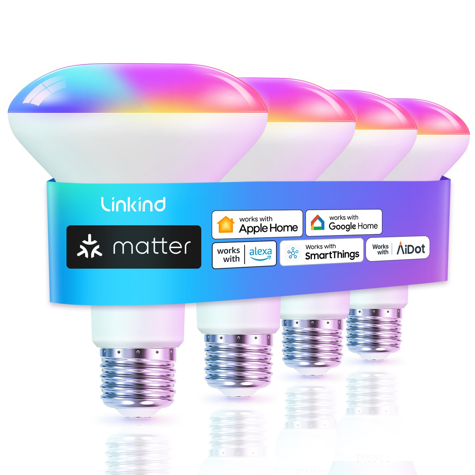 Linkind Matter Smart Light Bulb, BR30 Smart Bulbs, Recessed LED Color Changing Light Bulbs RGBTW, E26 Smart Flood Light Bulbs 650LM 60W Work with Alexa, Apple Home, Google Home, SmartThings, 4Pack