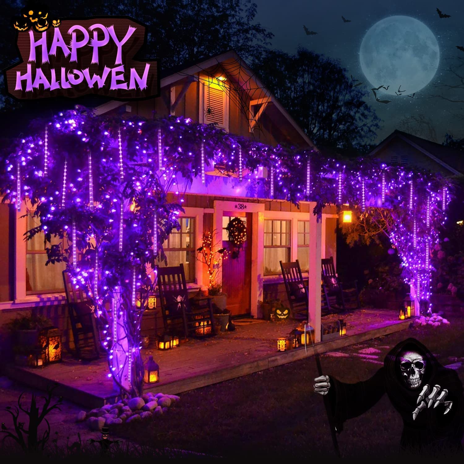 Jmexsuss 2 Pack Purple Solar Halloween Lights, 16 Tube 288 Led Solar Meteor Shower Rain Lights, Solar Christmas Lights Outdoor W
