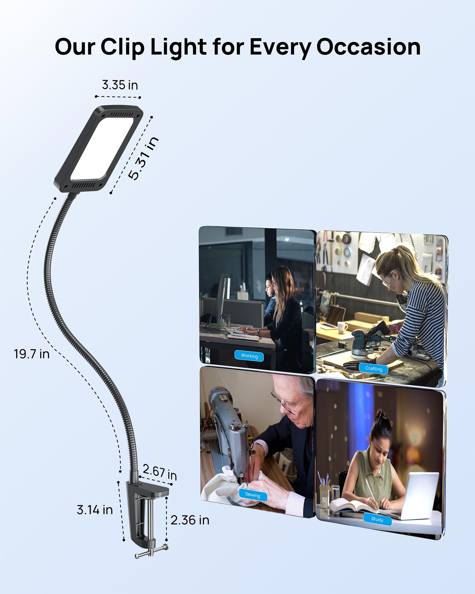 TROND LED Desk Lamp - 1000LM Dimmable Clamp Lamp, 6000K Daylight, Flexible Gooseneck, Black, Model Halo 9W-C