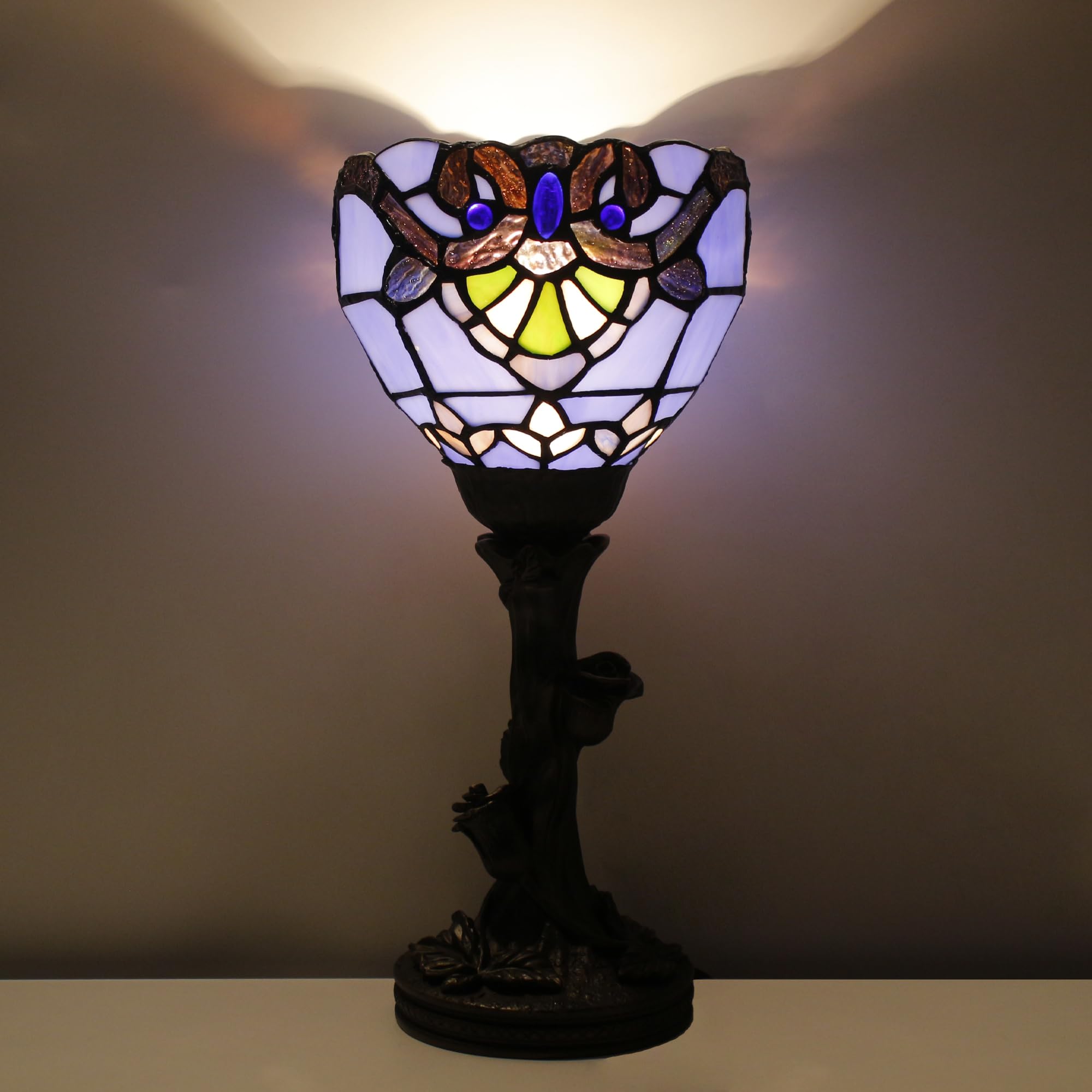 Avivadirect Small Tiffany Lamp Stained Glass Table Lamp Desk Uplight 6X6X13.5 Inch For Bedroom Bedside Office (Blue Baroque)