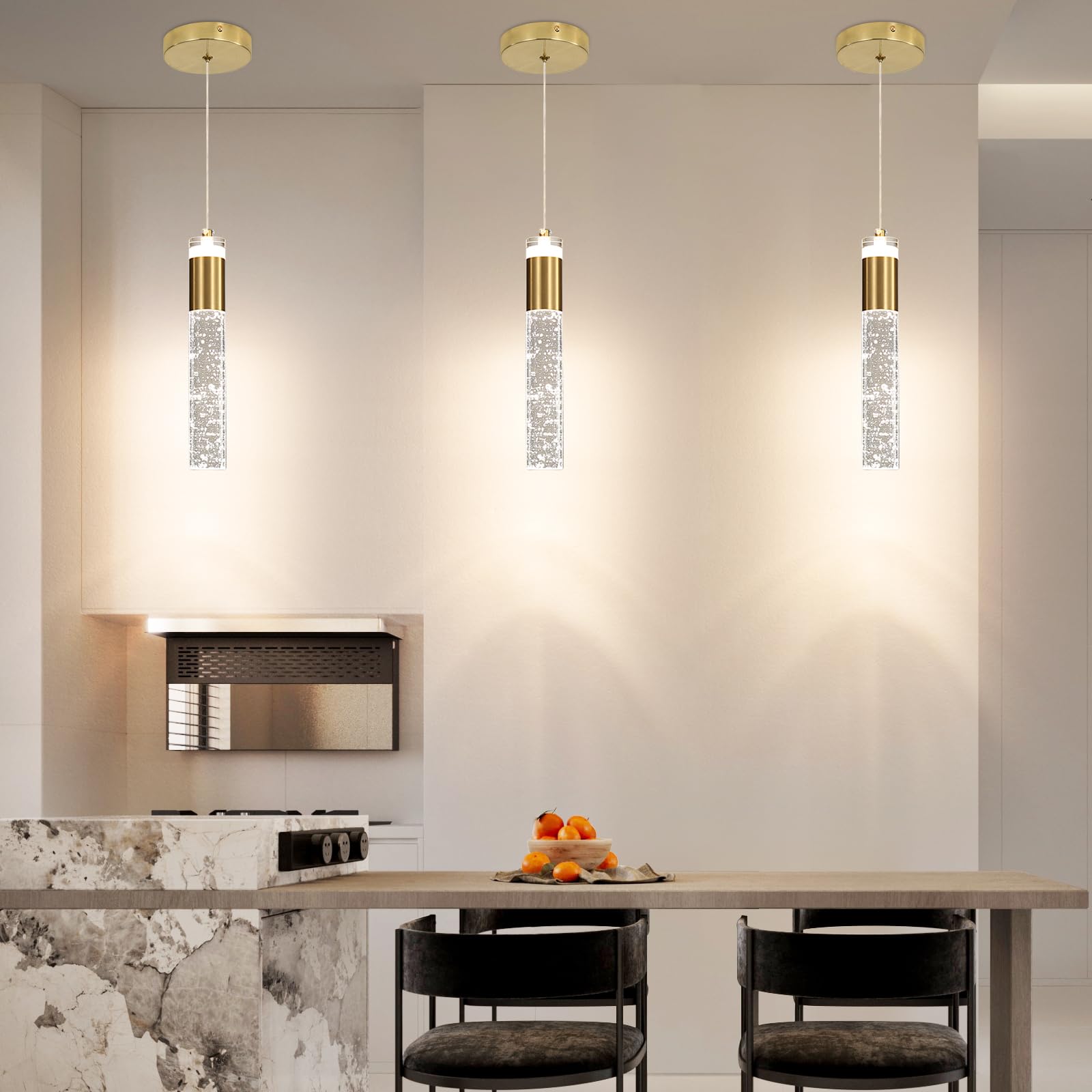 3 Pack Modern Kitchen Island Pendant Lights  Gold Bubble Crystal Ceiling Hanging Light  3 Color 2700K/4500K/6500K  Mini Linear Led Chandelier Lighting For Dining Room  Bedroom  Bar  Hallway  Bedside