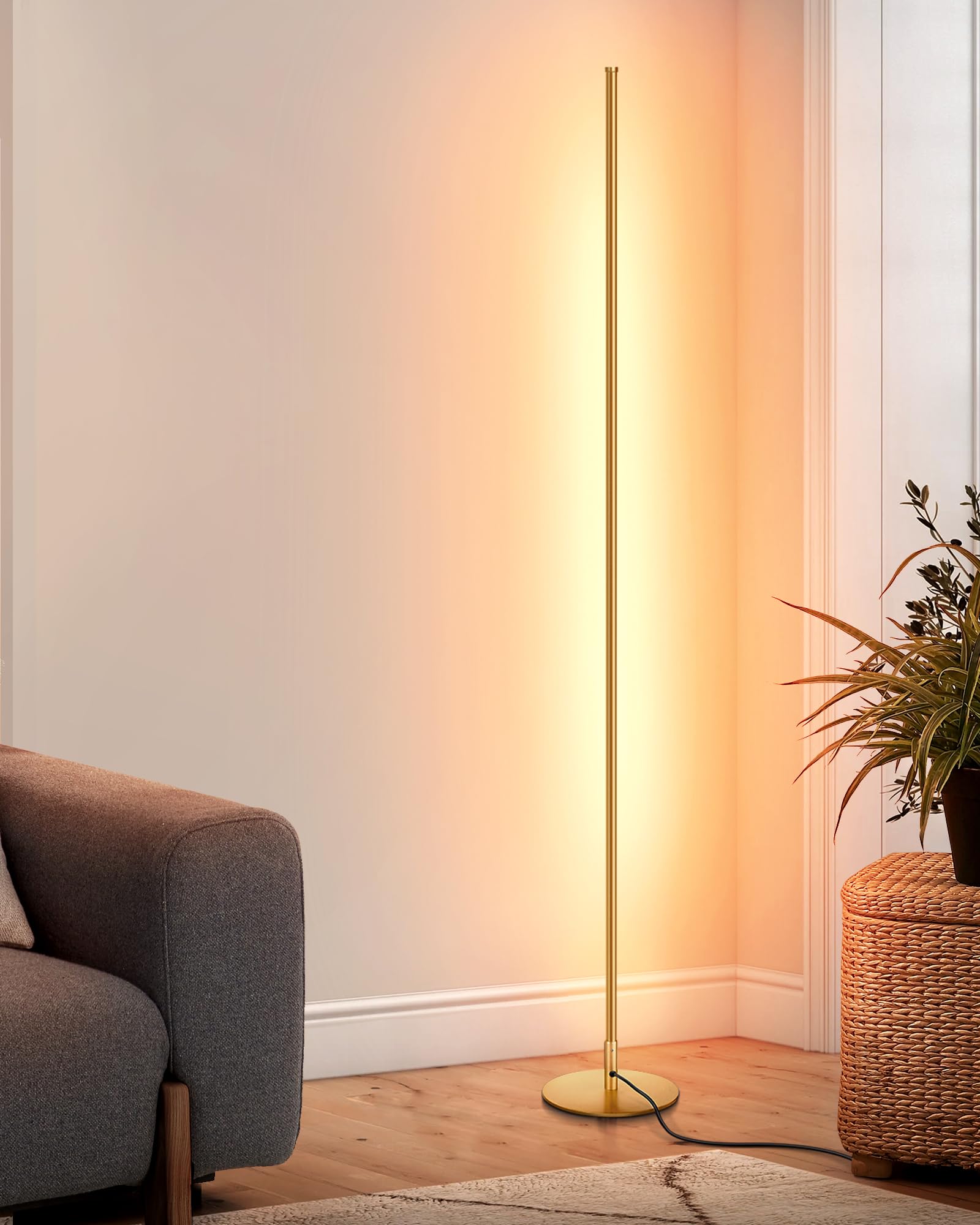 DEWENWILS Modern LED Floor Lamp, Dimmable Slim Standing Lamp, 57.5in, Metal, Gold, 3000K Warm White Light