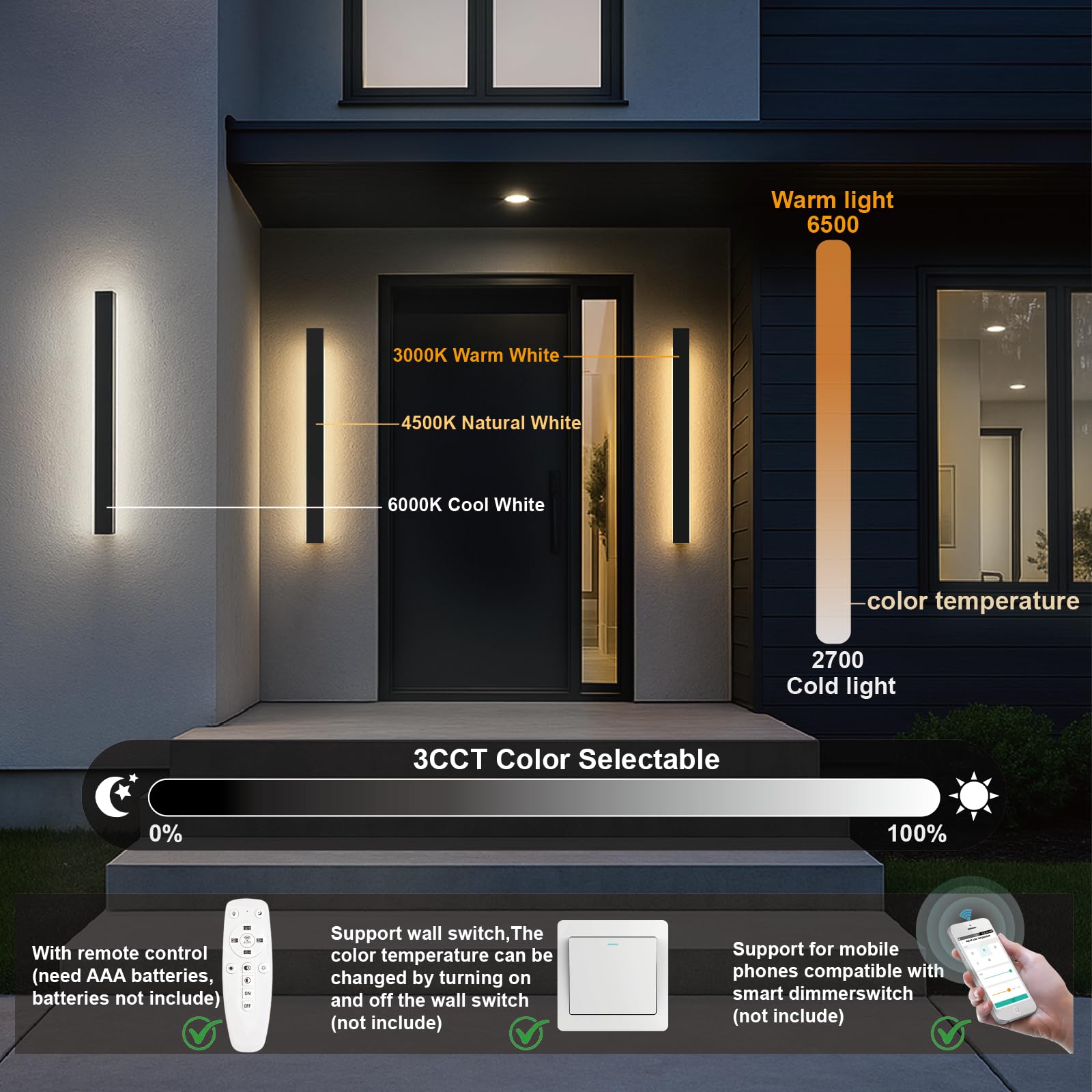 Sjiguangz 39 Inch Modern Outdoor Wall Lights  3Cct Color Selectable Outdoor Wall Sconce With Remote Control  Ip65 Waterproof Exterior Linear Wall Led Light For House Garage 3000K-6000K