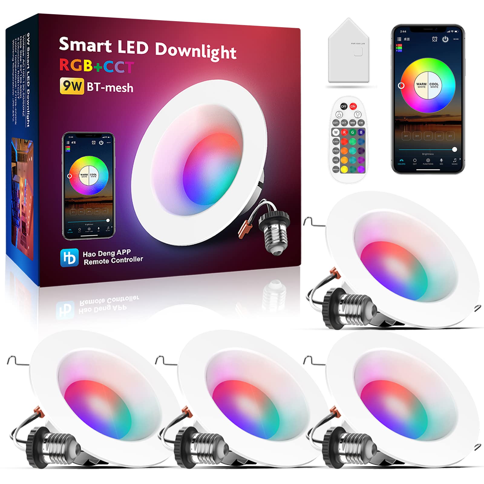 VANANCE 4 Smart Recessed Lighting 10 Pack, Multicolorred, Dimmable, 2700K~6500K, CRI80+, 4 Inch Color Changing Bluetooth Mesh LE