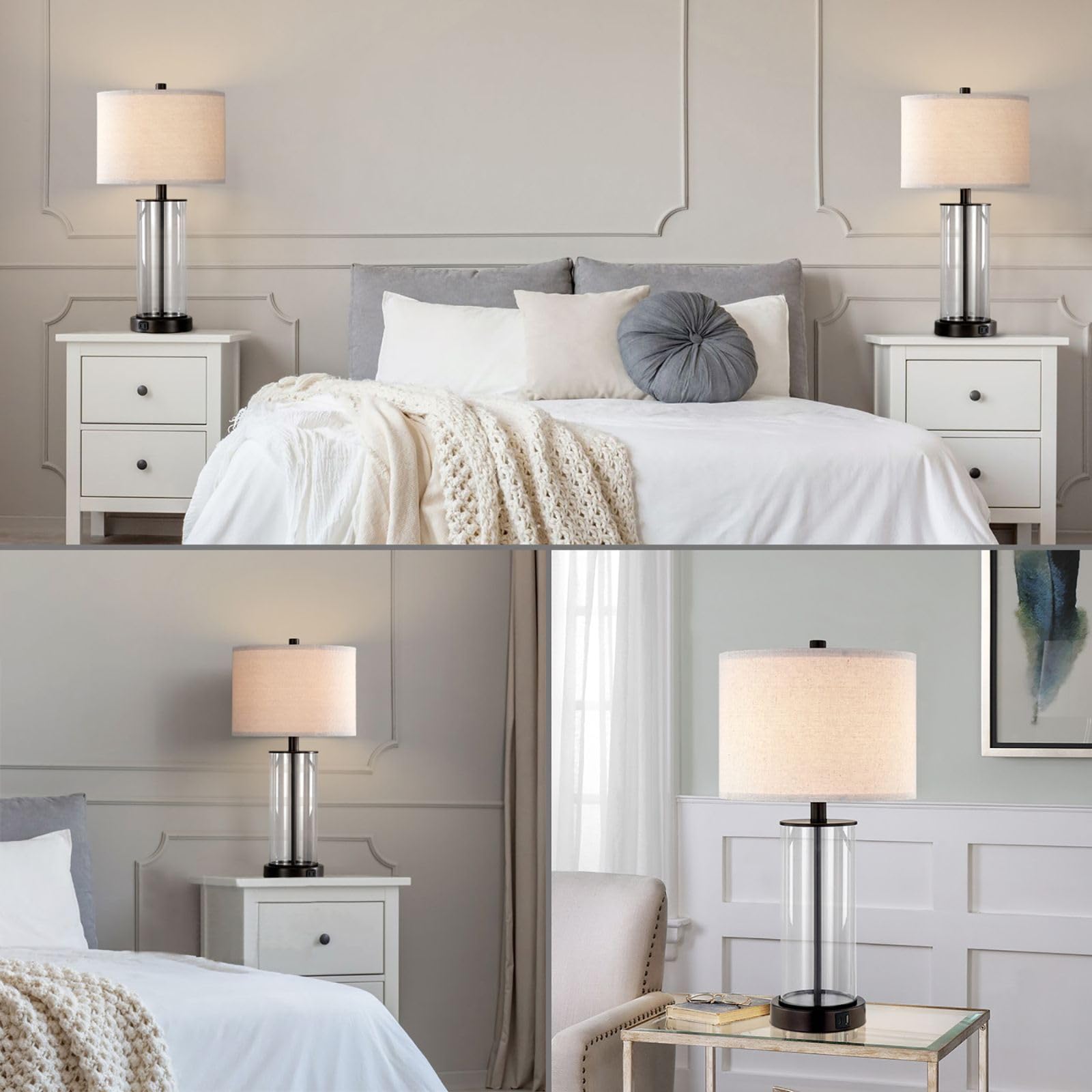 Kawotl 23'' Clear Glass Table Lamp Set Of 2 Bedroom Lamps With Usb Ports And Ac Outlet Living Room Nightstand Lamp Bulbs Include