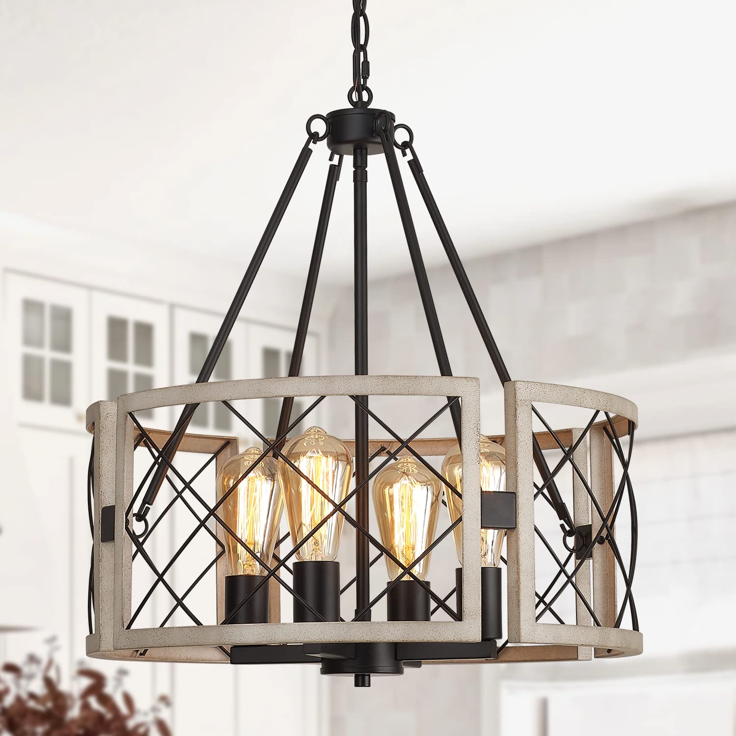 Santostock D19'' Farmhouse Chandelier, 4-Light Adjustable Dining Room Light Fixture Kitchen Island Lighting, Rustic Hanging Lights For Entryway Foyer Bedroom Living Room, Black & White Oak