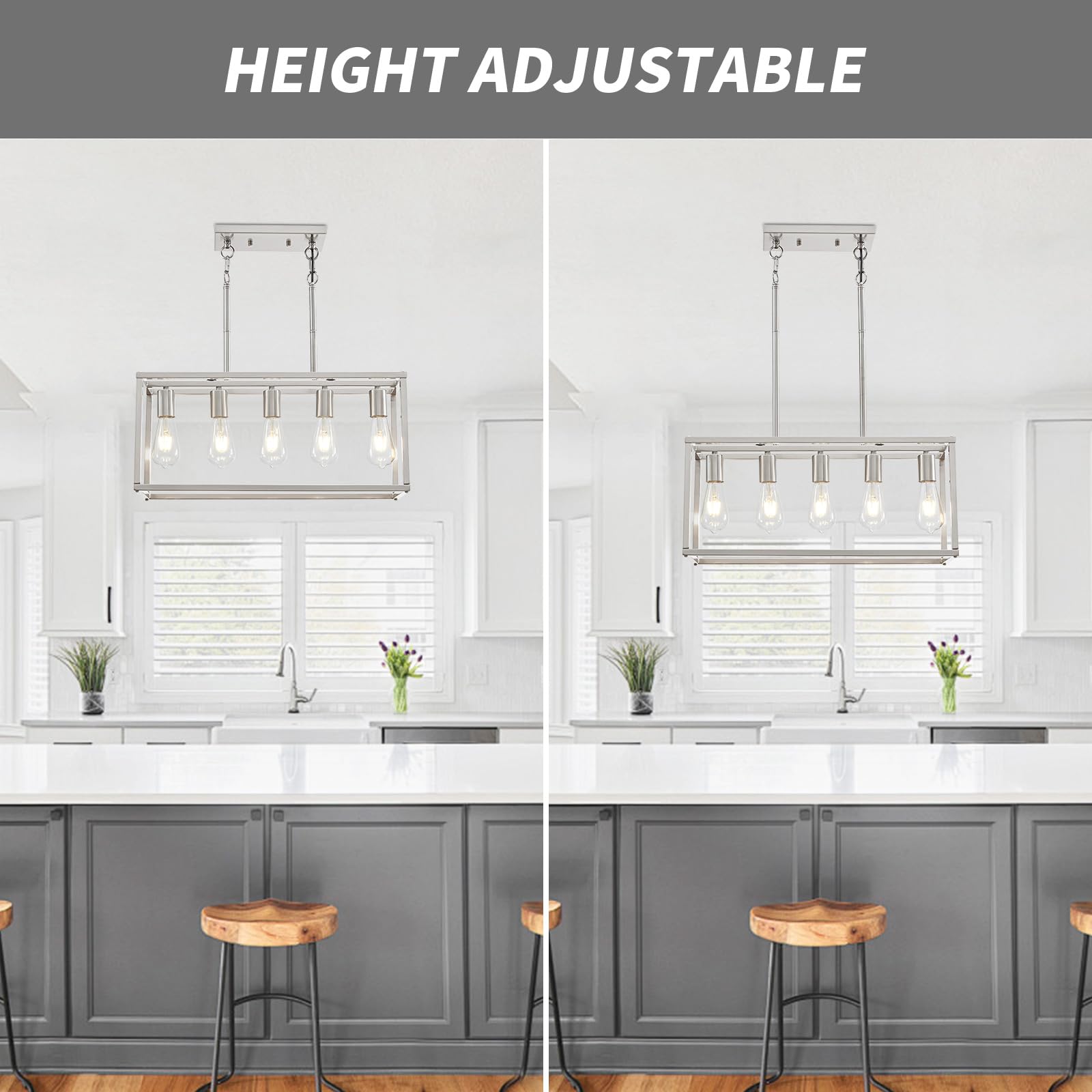Lanhall 5-Light Pendant Light, Brushed Nickel Metal Chandelier for Kitchen Island, Adjustable Height, Modern Dining Room Fixture