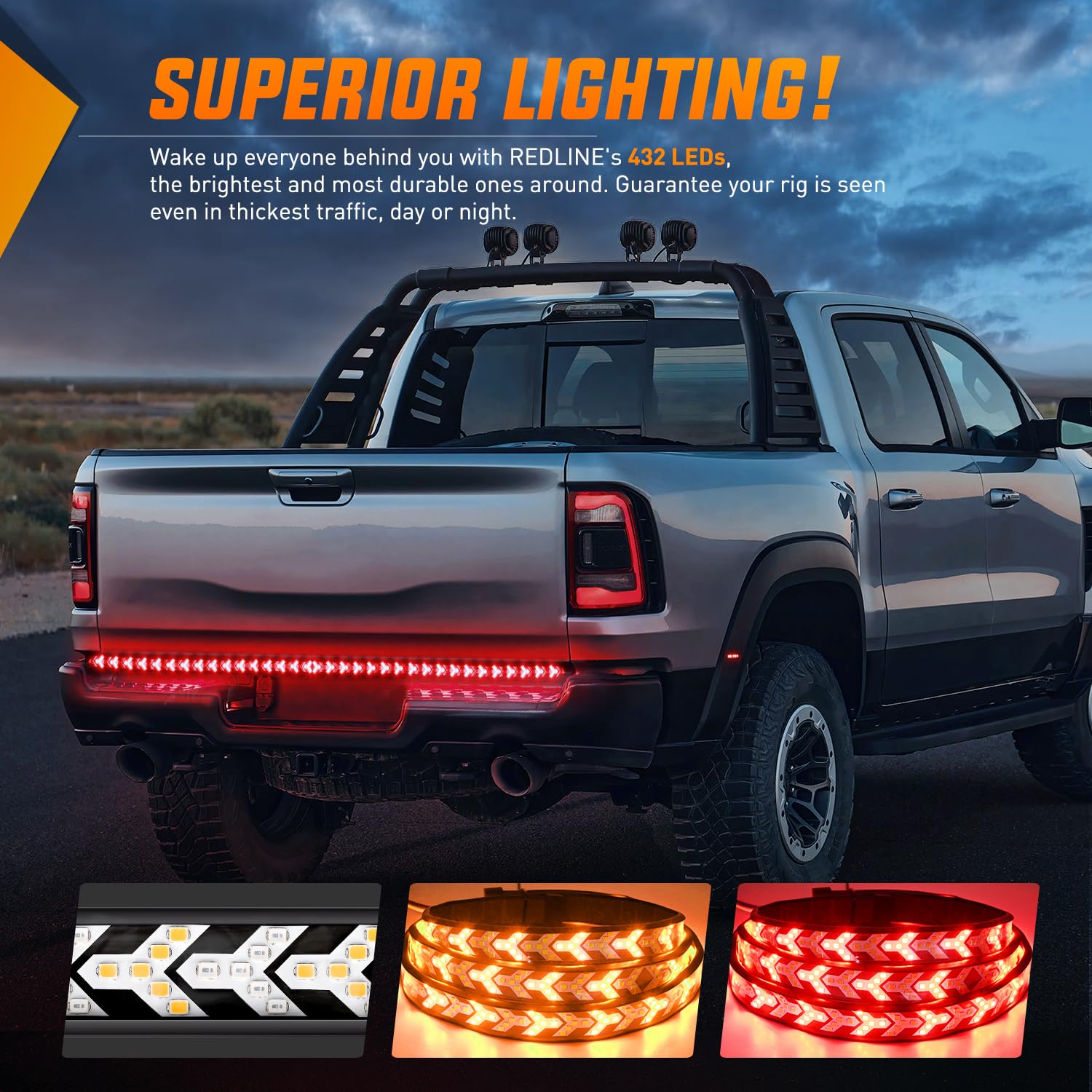 Nilight Truck Tailgate Light Strip 48Inch Arrow 432 Led With Red Running Brake Lights Amber Turn Signals Strobe Lights