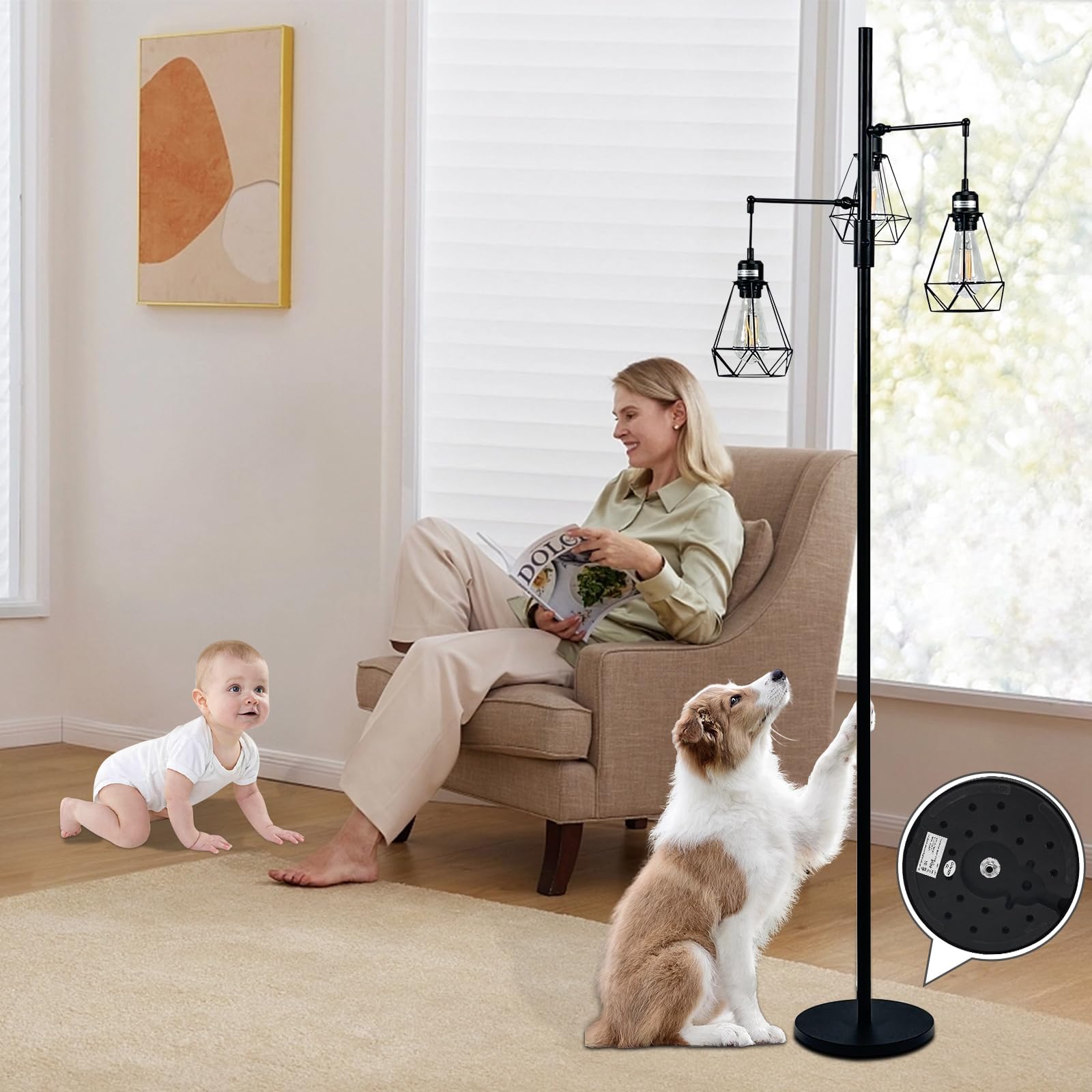 Juguo 69'' Dimmable Farmhouse Floor Lamp With 3X9W Edison Bulbs, Industrial Vintage Tree Design & Adjustable Diamond Cages, Black Rustic Lighting For Living Room/Office