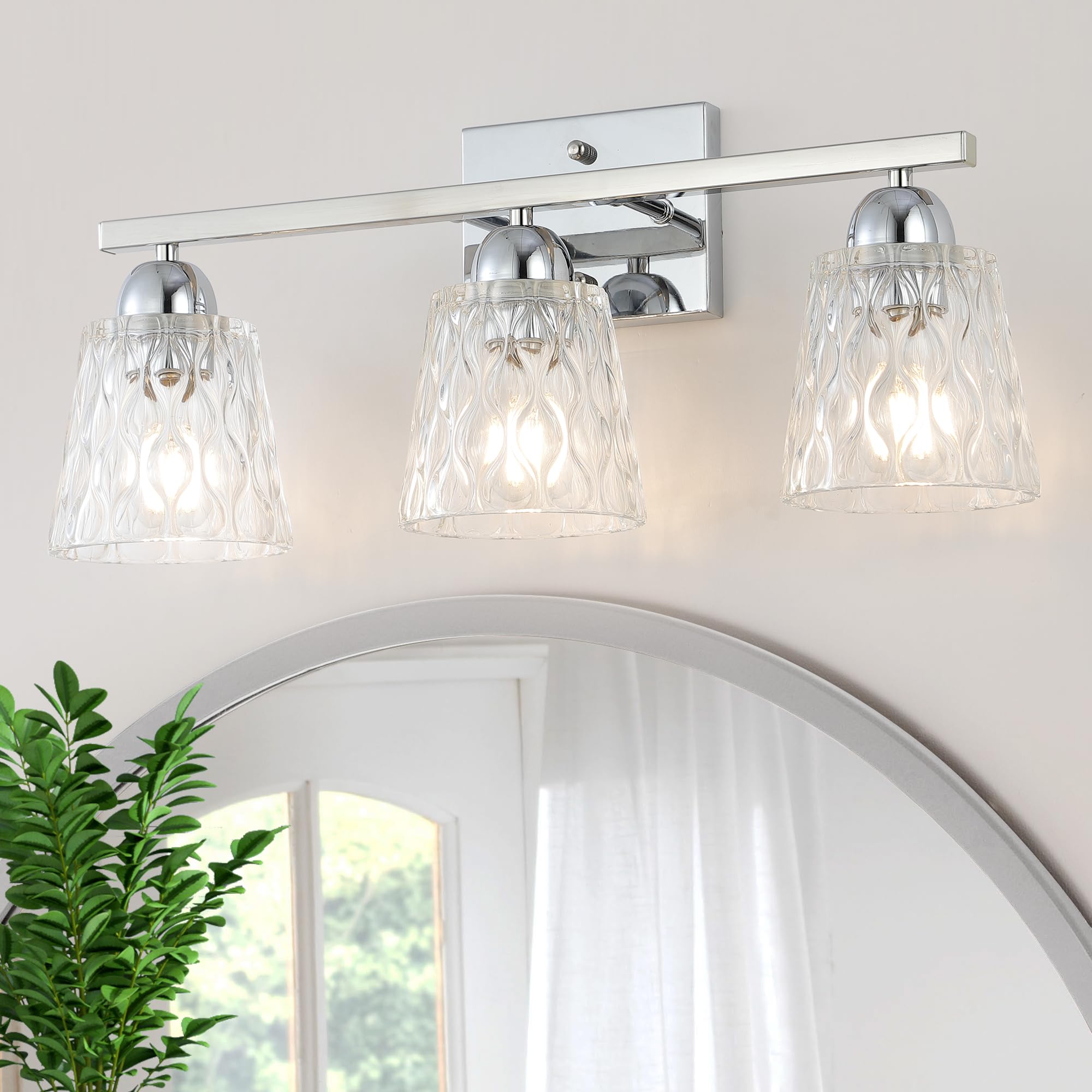 Mecgirn Stainless Steel 3 Light Bathroom Vanity Light, Silver Chrome Bathroom Light Fixtures With Textured Glass Shades, Modern Vanity Lighting Wall Mount Over Mirror