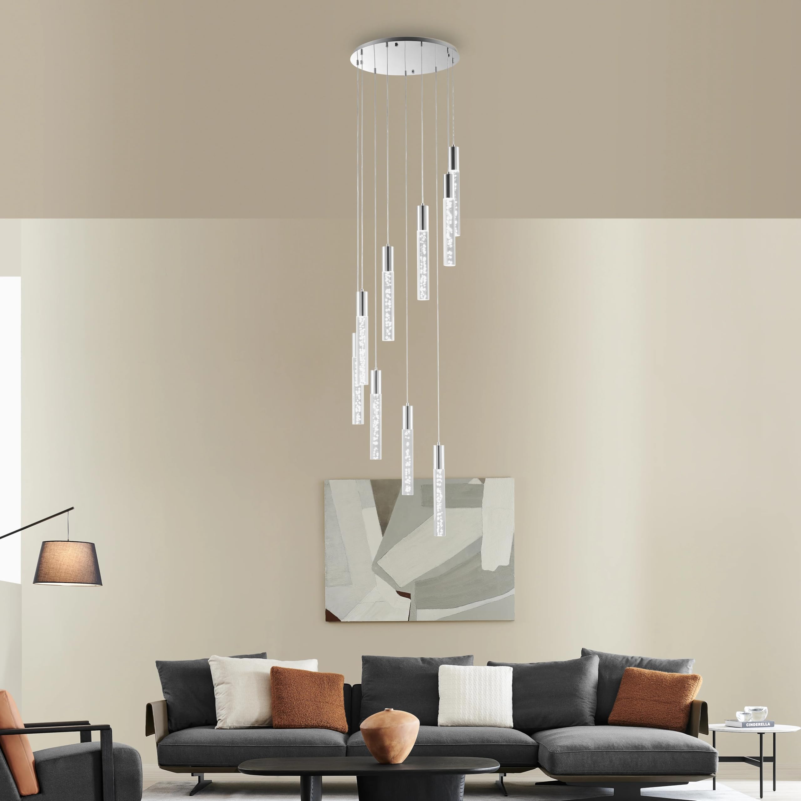Finesse Decor Sparkling Night Cylinder Chandelier - 9 Light, Metal, Silver, Model FN-1260-9