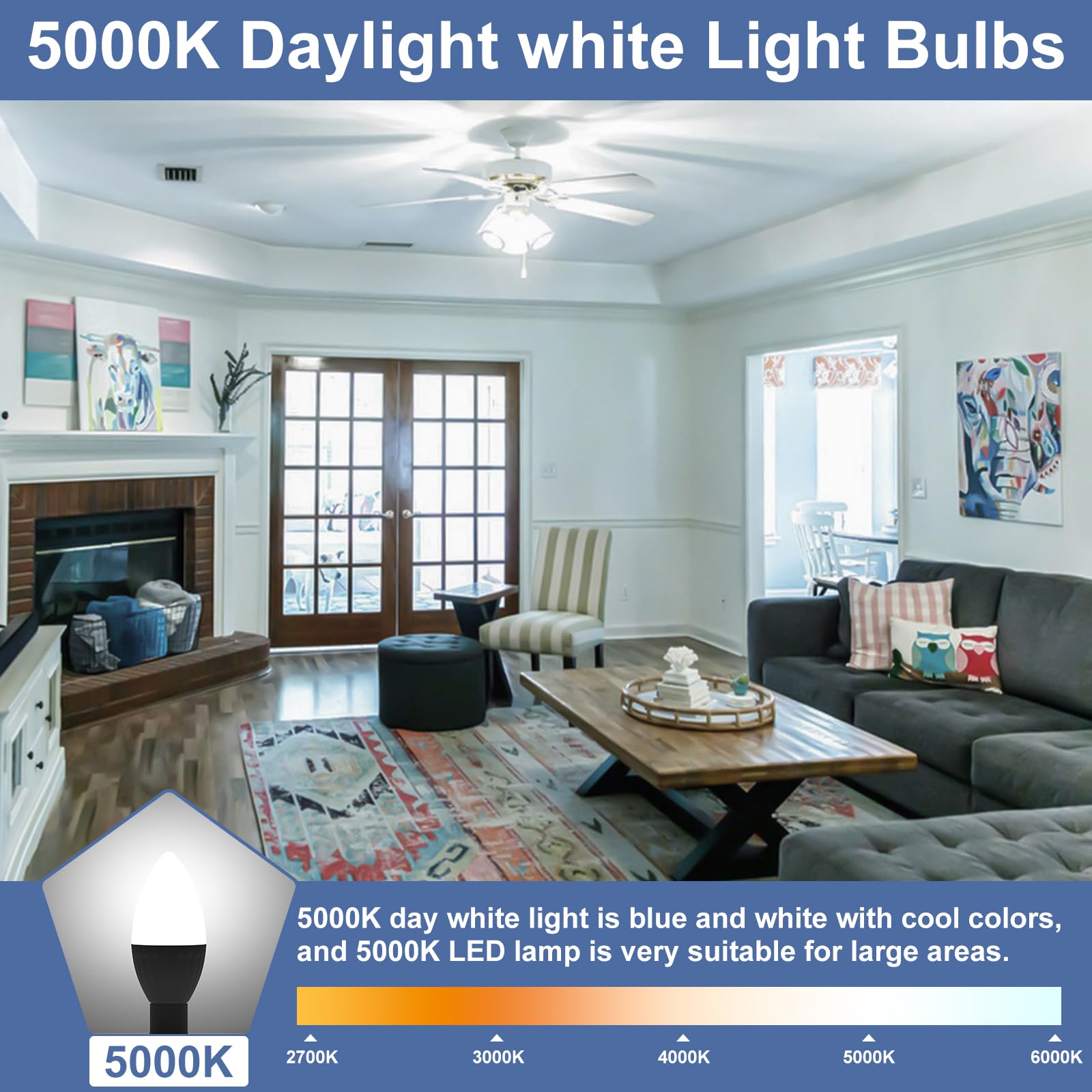 Siksog E12 Led Candelabra Light Bulbs 50 Watt Equivalent,Daylight 5000K Chandelier Bulb 560Lm,Candle Bulb Base E12 Ceiling Fan B